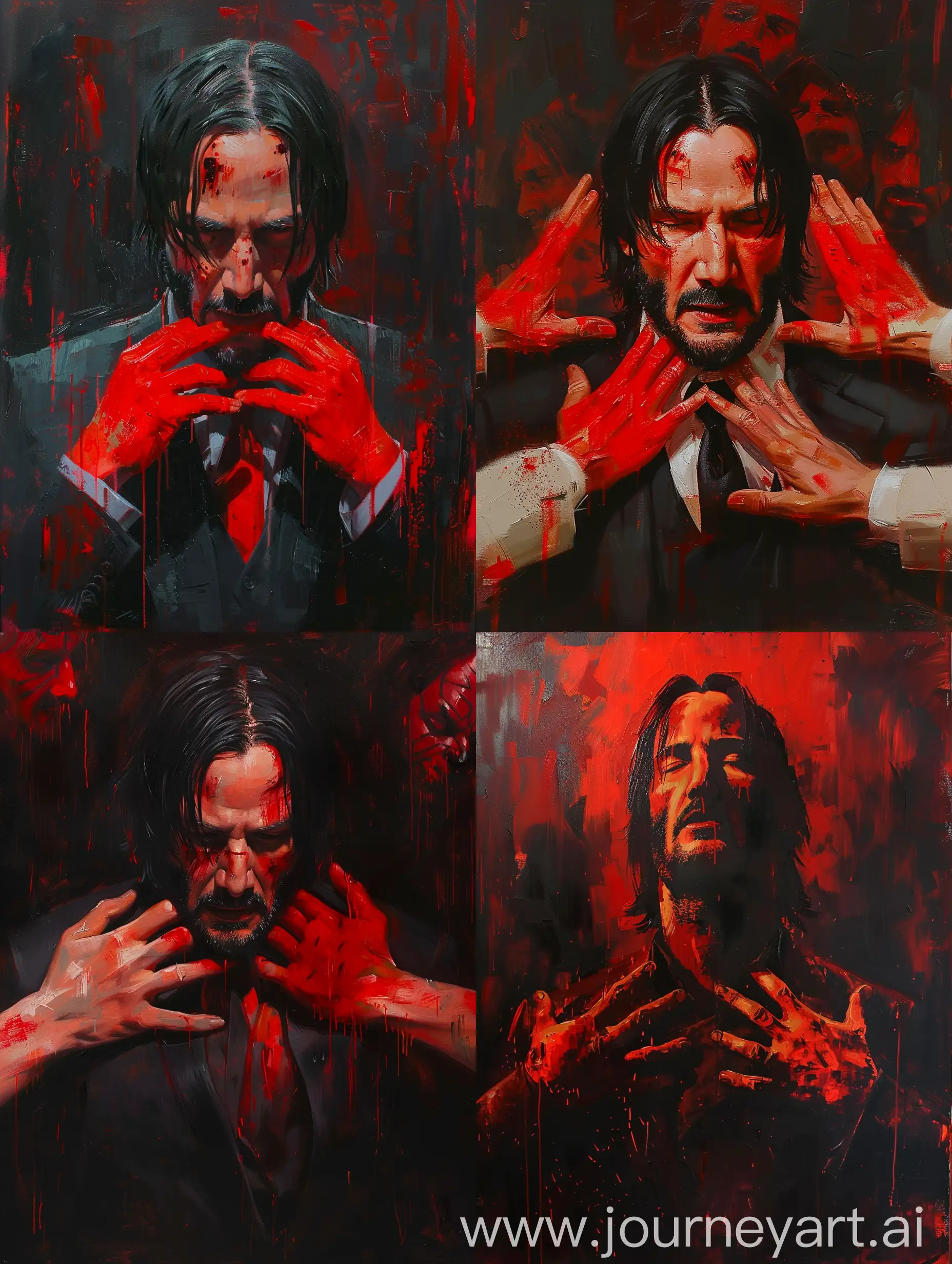 Oil painting of john wick in star wars style with bright red colour With hands in red colour reaching his throat from behind, conceptual art. 