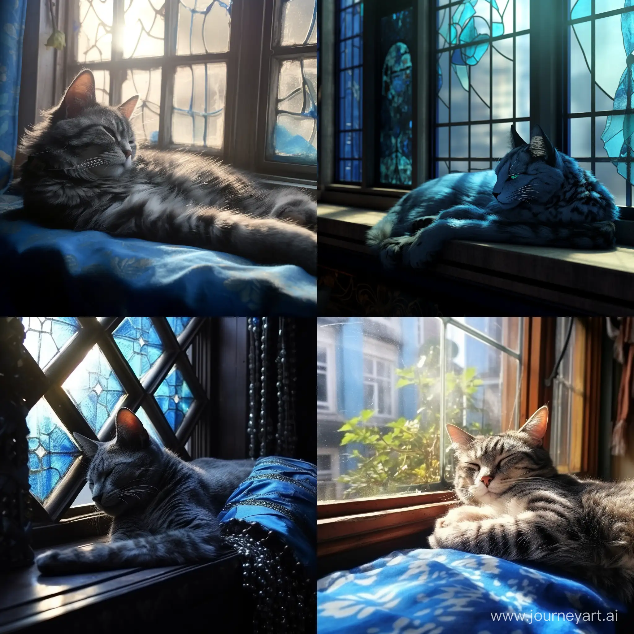 Action::1.5, голубая кошка с черными узорами лениво разлеглась на фоне окна, мягкий свет проникает через окна отбрасывая блики на кошку