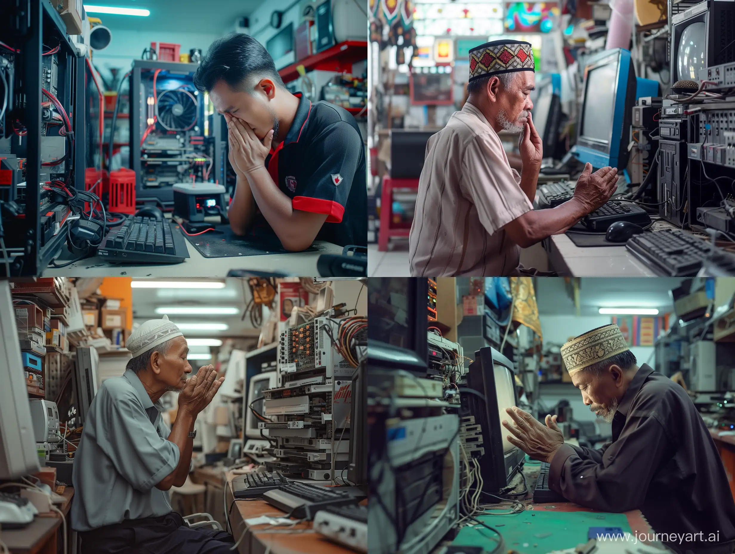 Malay-Computer-Repairman-Praying-During-Modern-Computer-Repair