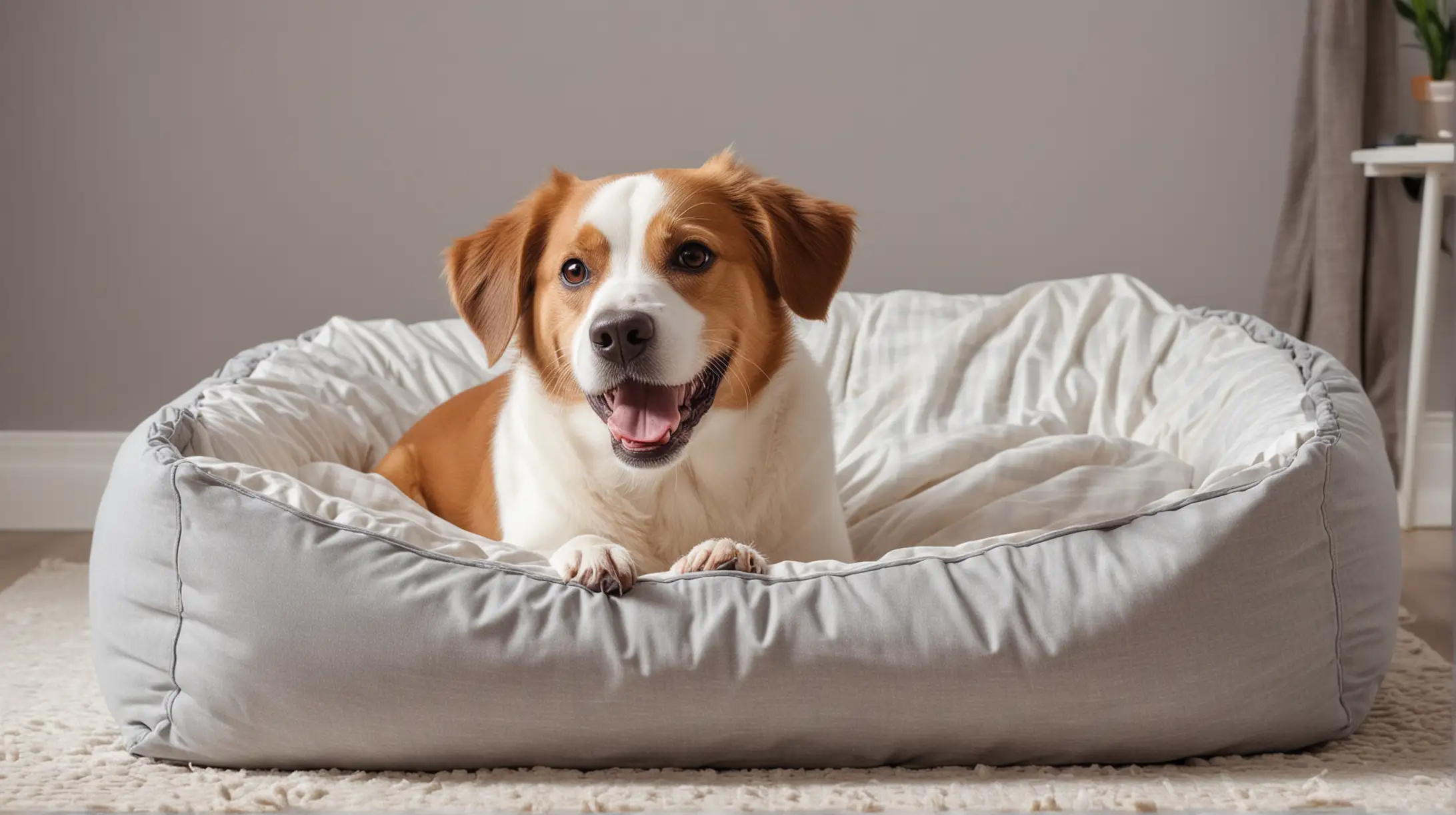 a happy dog playfully chewing their bed