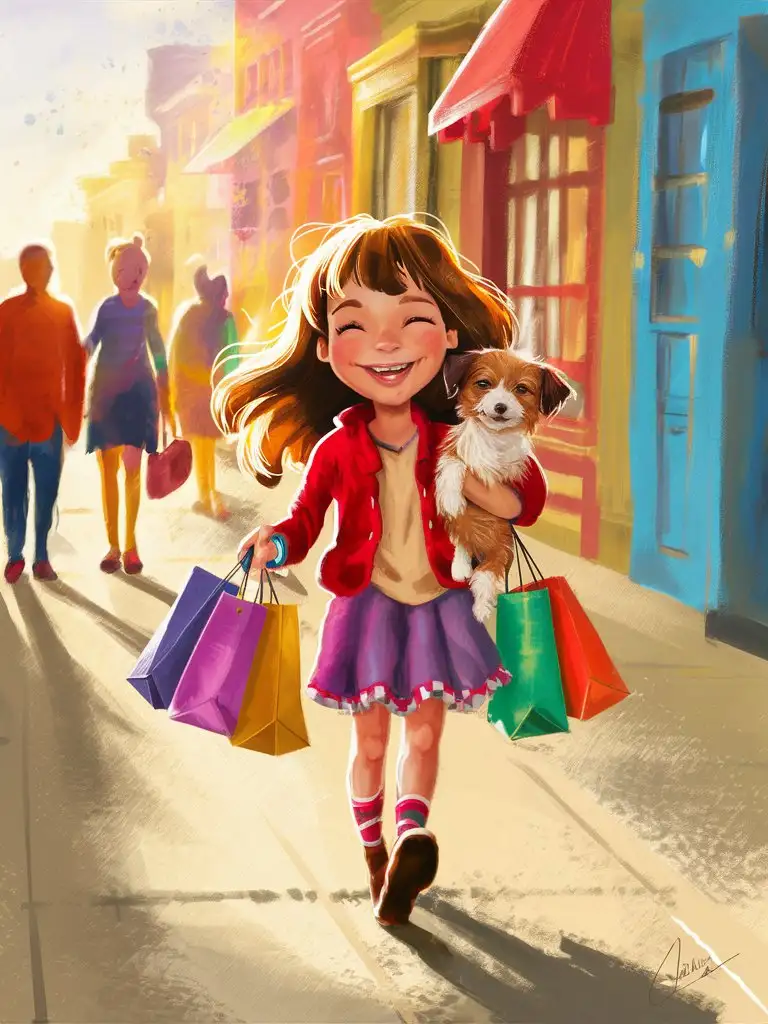 Счастливая девушка с щенком и пакетами из магазина в руках улыбается и идёт по улице в солнечный день 