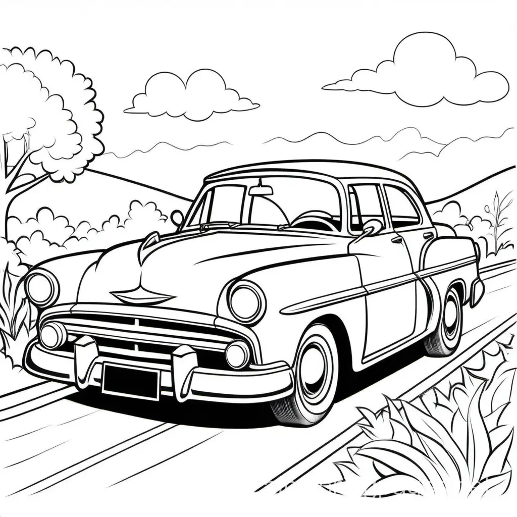 Vintage-Car-Carnival-Coloring-Page-Classic-Car-on-Road-Black-and-White-Line-Art