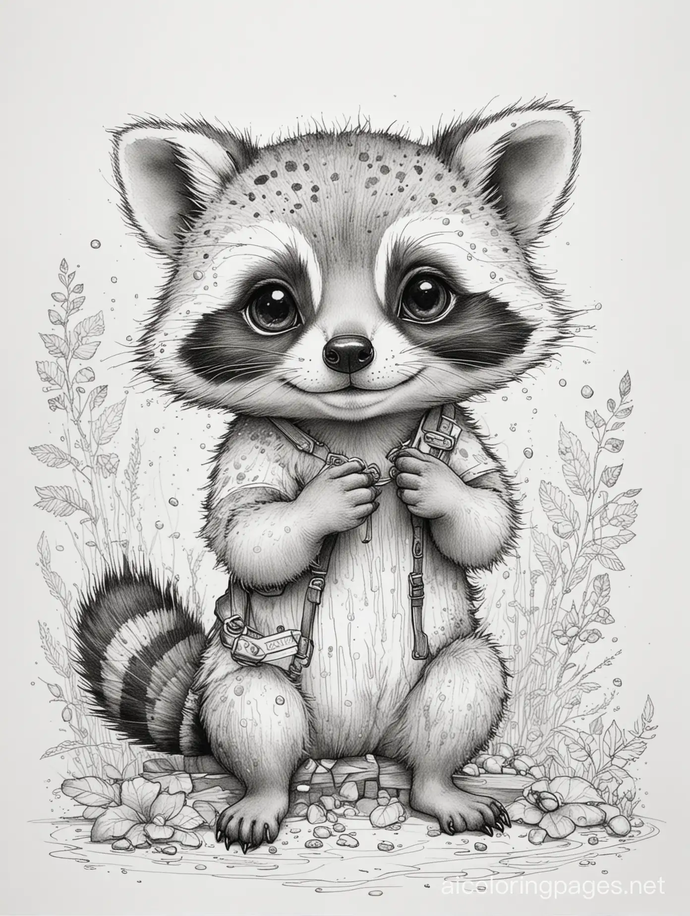 Wet grunge, black ink , cute chibi raccoons, brush mark on white watercolor paper ,sketch illustration, described in the polka dot style of Alphonse Mucha and Jeremy Mann, Coloring Page, black and white, line art, white background, Simplicity, Ample White Space. The background of the coloring page is plain white to make it easy for young children to color within the lines. The outlines of all the subjects are easy to distinguish, making it simple for kids to color without too much difficulty