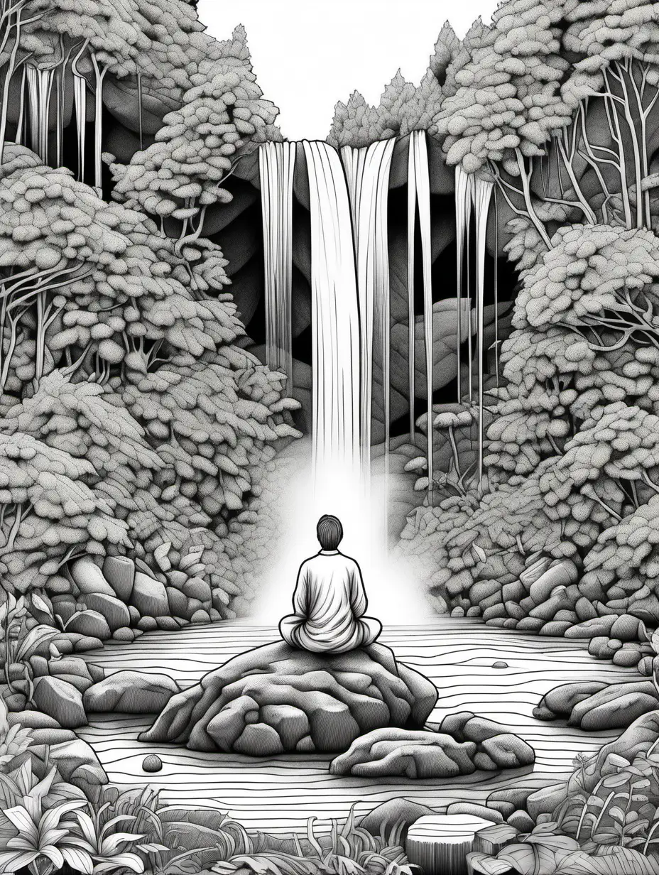 Adult coloring book. Black and white. High detail. A person sitting on a moss-covered rock, meditating in front of a serene waterfall