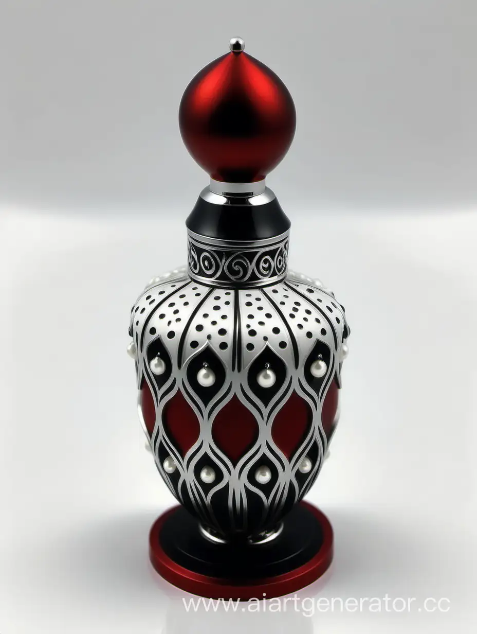 Zamac Perfume decorative ornamental long cap, pearl white black color with matt RED WHITE border line with dots in middle arabesque pattern shaped | metallizing finish