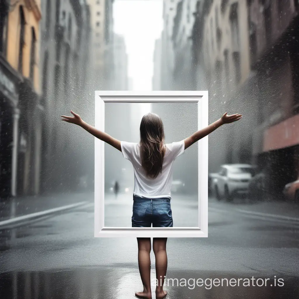 rain of photographs with a white frame, under it stands a girl spreading her arms to the sides, realistic photo