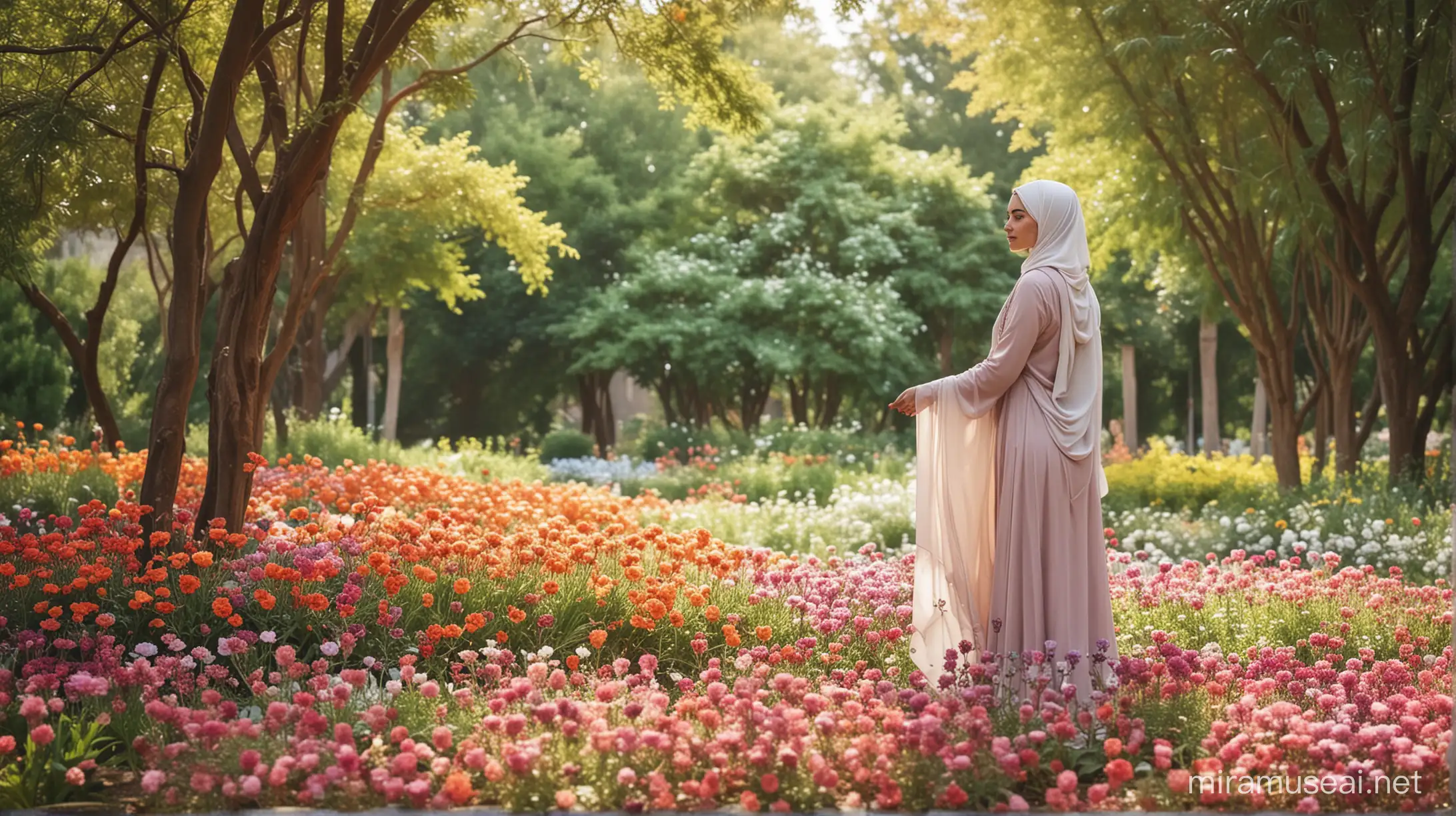 "Capture the serenity of a Muslim girl, adorned in her hijab, standing gracefully amidst a breathtaking garden. As she gazes into the distance, allow the vibrant colors of nature to frame her tranquil presence, echoing the harmony between her inner peace and the beauty that surrounds her