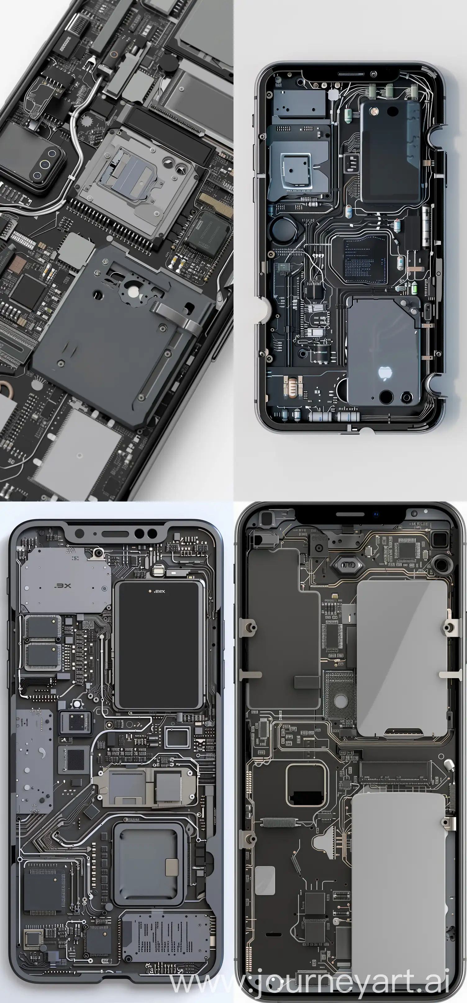 Top view of the inside structure and layout of an iPhone, detailed circuitry, wires, cables, screens, high resolution vector art on a white background with a dark grey color scheme using dark greys and metallic colors. High contrast, highly intricate details, highly detailed, high definition, high quality artwork in the style of hyperrealism with intricate details, textures and sharp focus reminiscent of hyper photorealism  --ar 47:101 --s 50 --v 6 