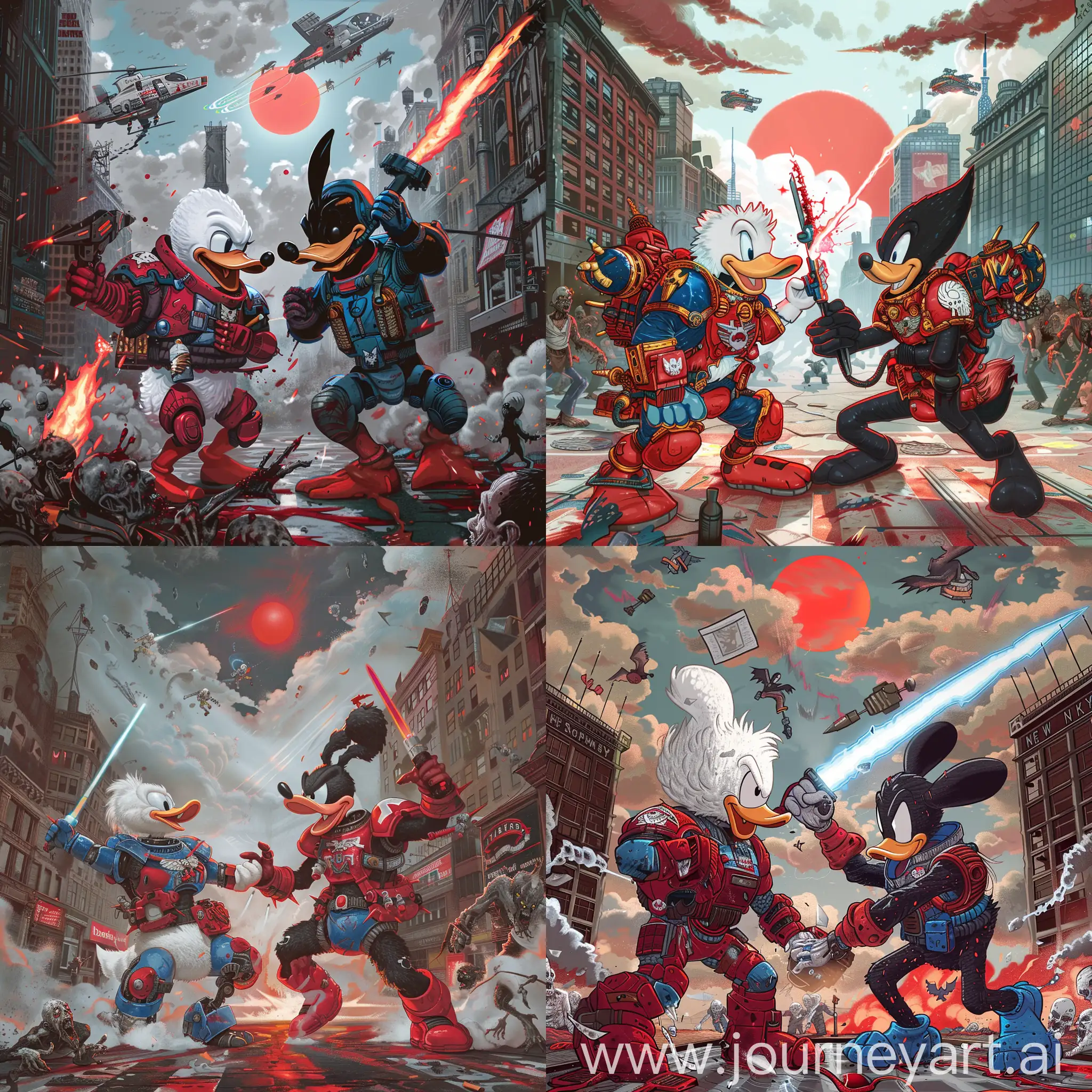 white Donald Duck and black Daffy Duck are both in red and blue color space marine armor, they are fighting against each other with their laser blades, before the Cyper Punk New York Manhattan Sqaure under Zombies invasion, cloudy sky and red sun