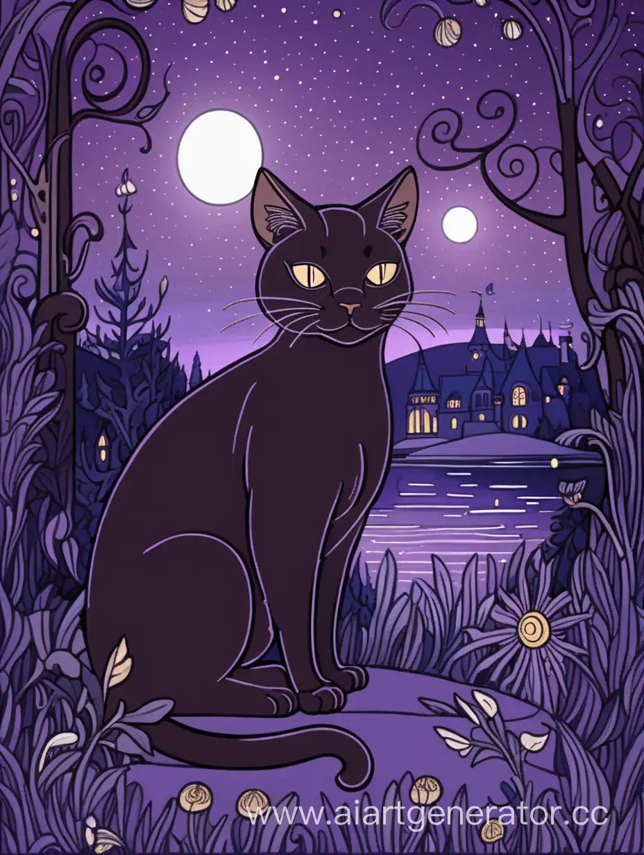 Bilibinstyle-Fairy-Tale-Illustration-Mysterious-Cat-in-the-Moonlit-Night