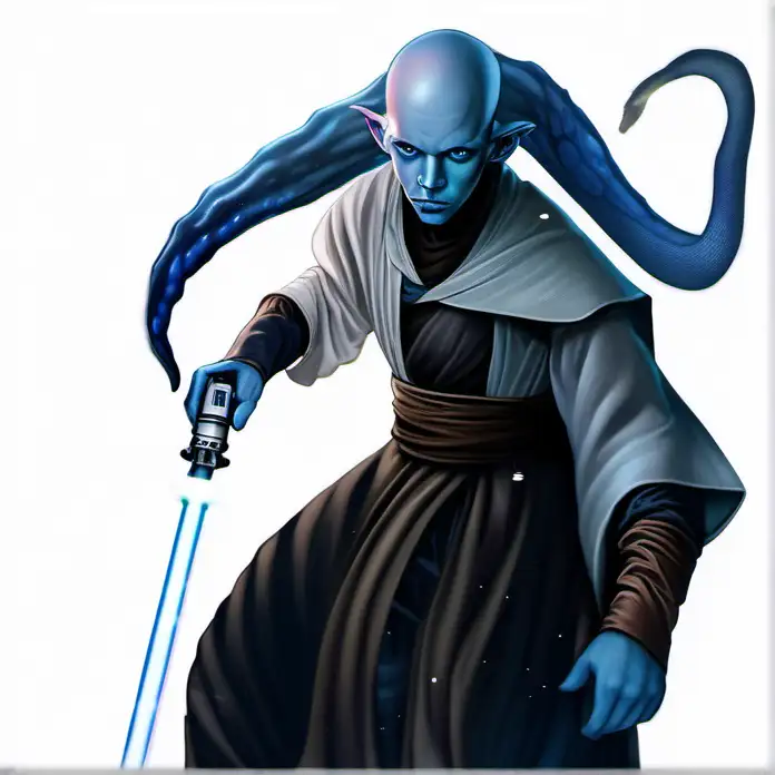 handsome bald young man, blue skin, head tentacles, Jedi robe, lightsaber, white background, Star Wars art