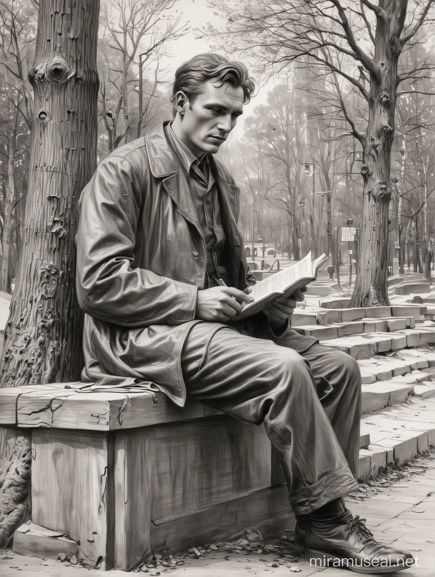 нарисовать карандашом эскиз памятника  : русский поэт Владимир Маяковский сидит на скамье с книгой в руках