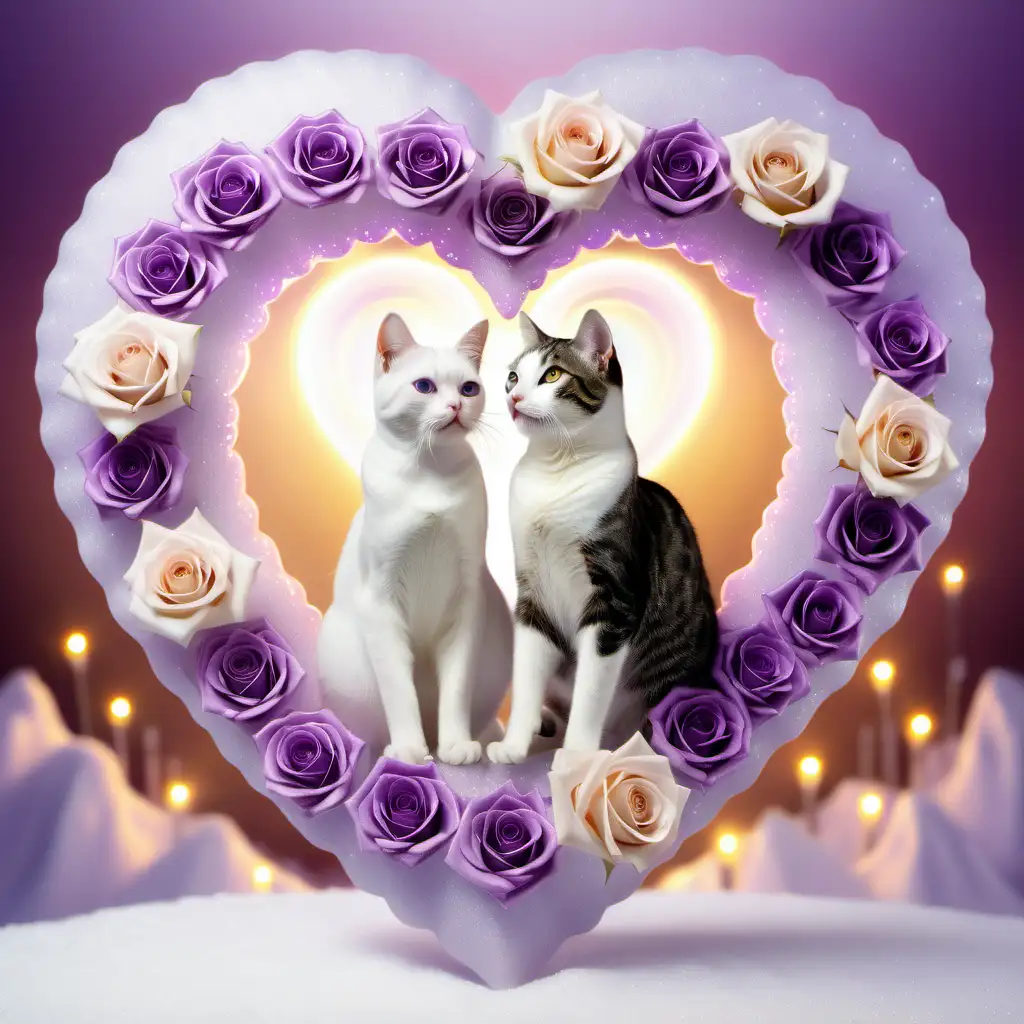 two cats standing on a beautifful frosted rose trimmed heart, with single rose between them, Purples, whites, golds, sparklecore, glowing, shimmering, shine, soft lens 