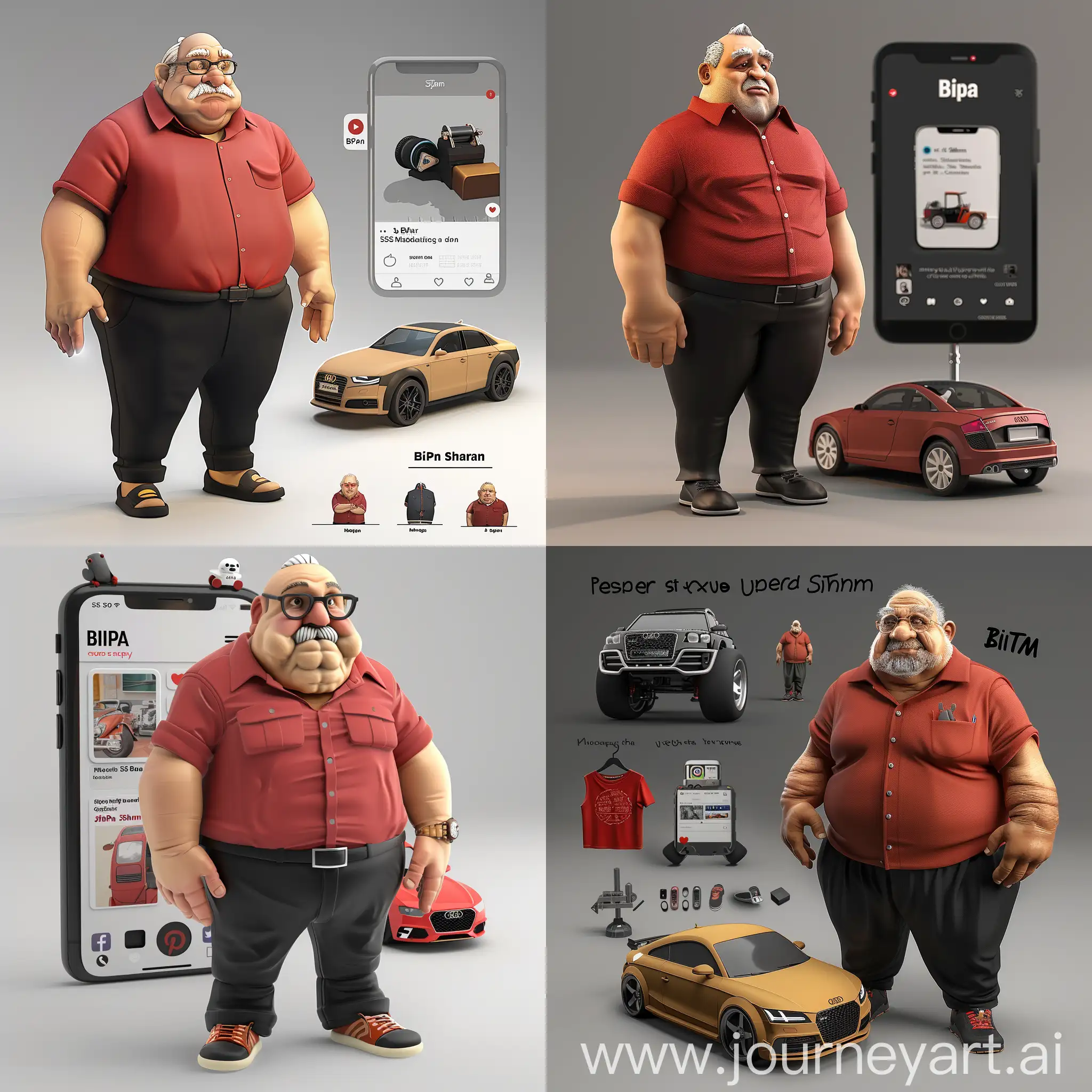 Create a 3d illustration featuring a realastic 55 year old fatty man standing, The character should have red shirt and black pant , wearing bata shoes with Audie car, the background of the image showcase a Instagram social media profile page and the username Bipan Sharma and a maching picture and modify it. 