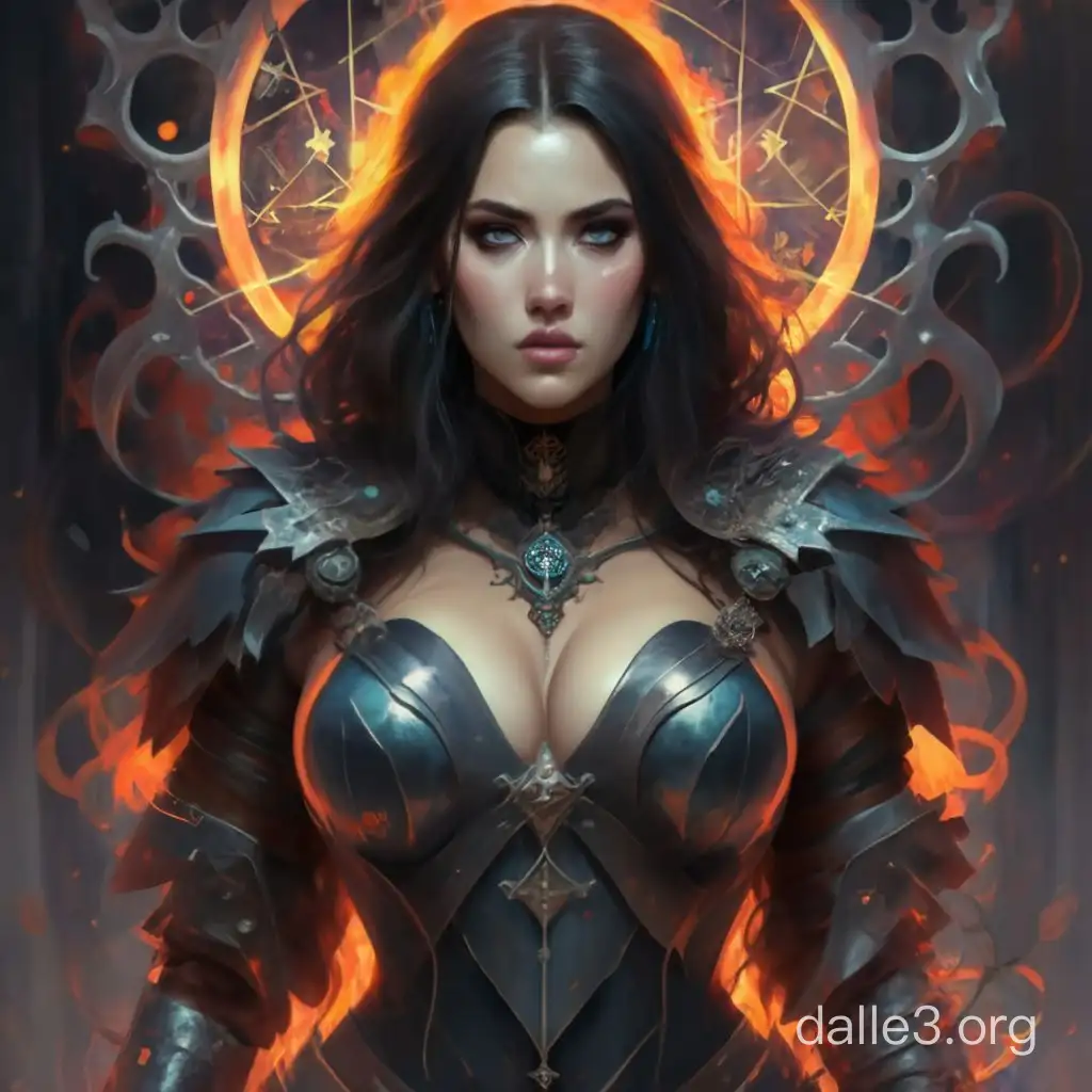 female necromancer, voluptuous curvy supermodel figure, very busty, large chest. she wears dark clothes with a deep plunge with symbols of bones and death and decay, a sharp contrast to her soft skin. she looks sexy but is frightening. her eyes are slightly glowing with arcane energy. wind blows her dark hair to the side. she stands in a dynamic action pose, mystical glowing symbols flying around her arms. she is evenly lit, but red light is coming from below. she looks violently sexy, embracing sin. dark fantasy style, character for a tabletop role-playing game, american portrait, colorful drawing