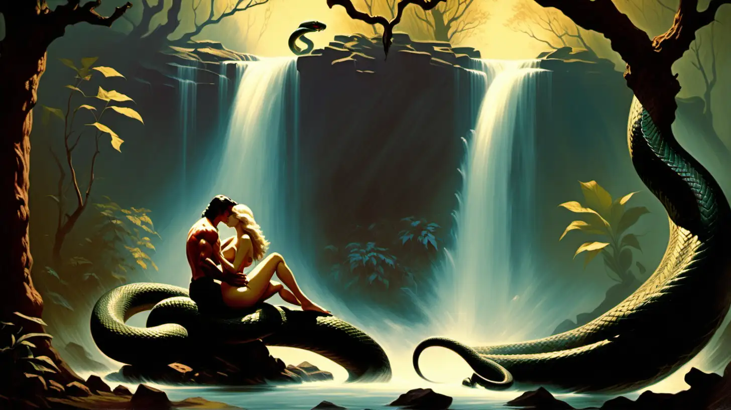 Romantic Encounter Lovers Embracing under a Waterfall in the Garden of Eden