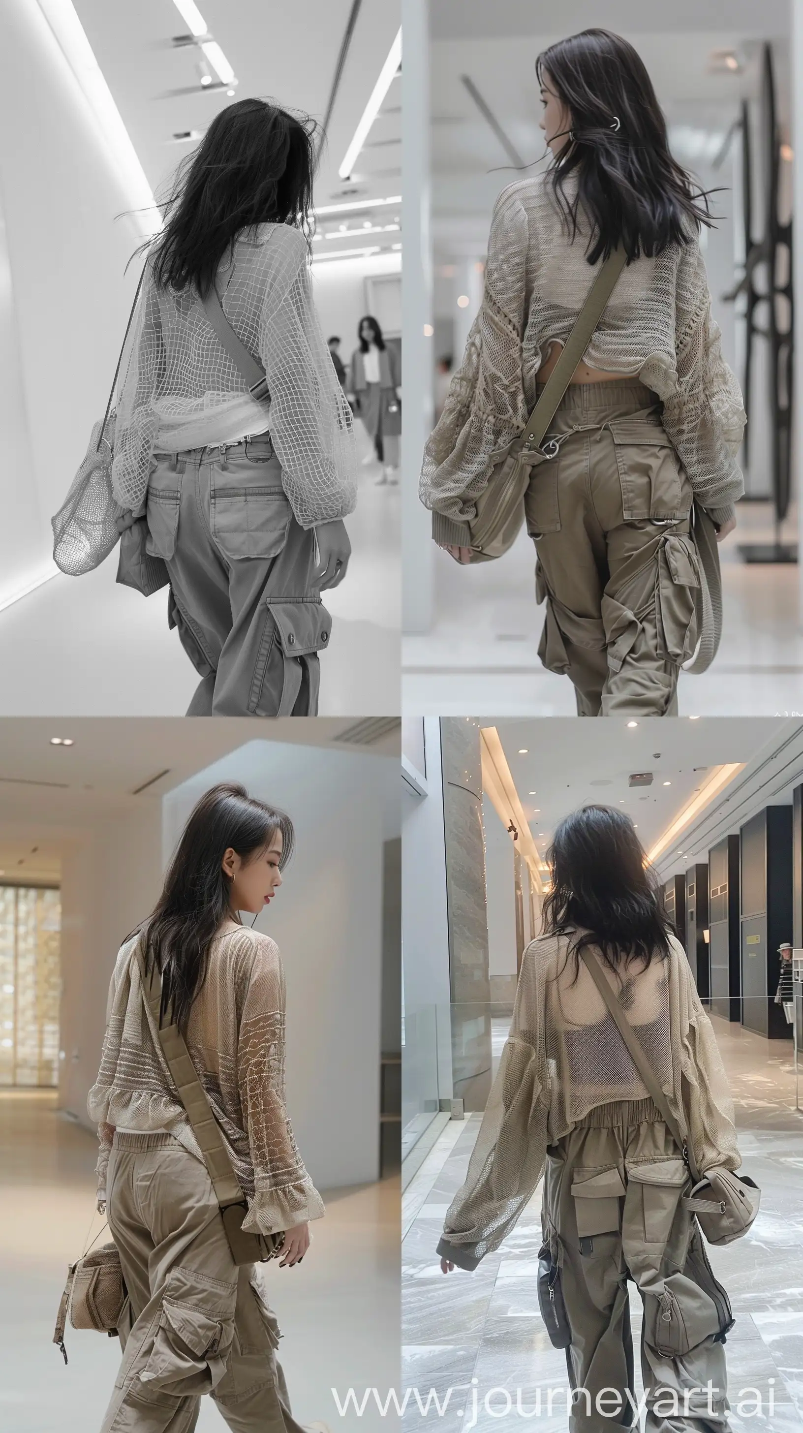Fashionable-SelfPortrait-of-Jennie-from-Blackpink-with-Net-Cardigan-and-Oversized-Cargo-Pants