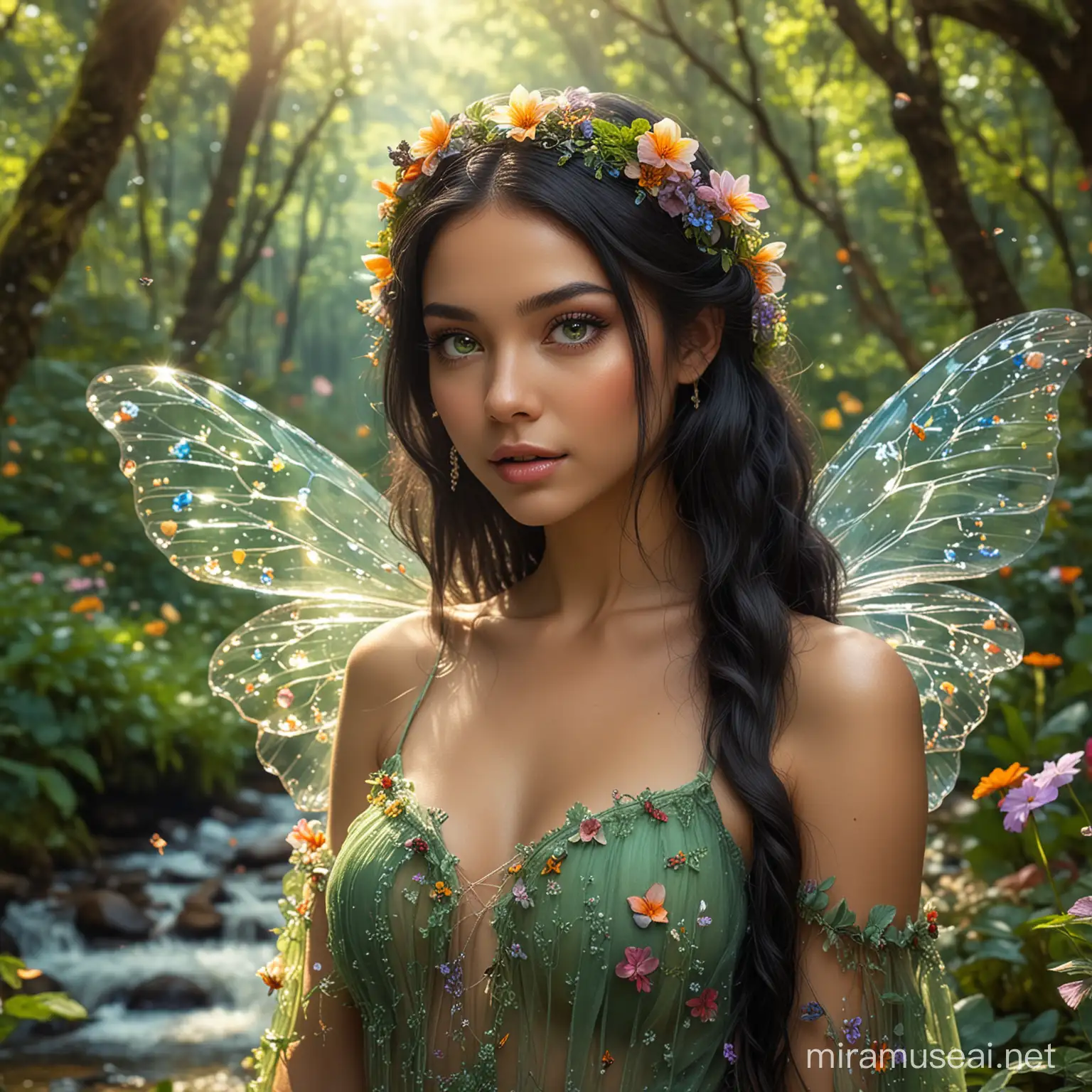 Beautiful and stunning fairy, black hair, delicate face, green eyes, adorned, with delicate transparent wings, colorful flowers in hair, full body, clear backlight, colorful forest, mushrooms, stream and butterflies, captured in this 8K HDR raw photo .