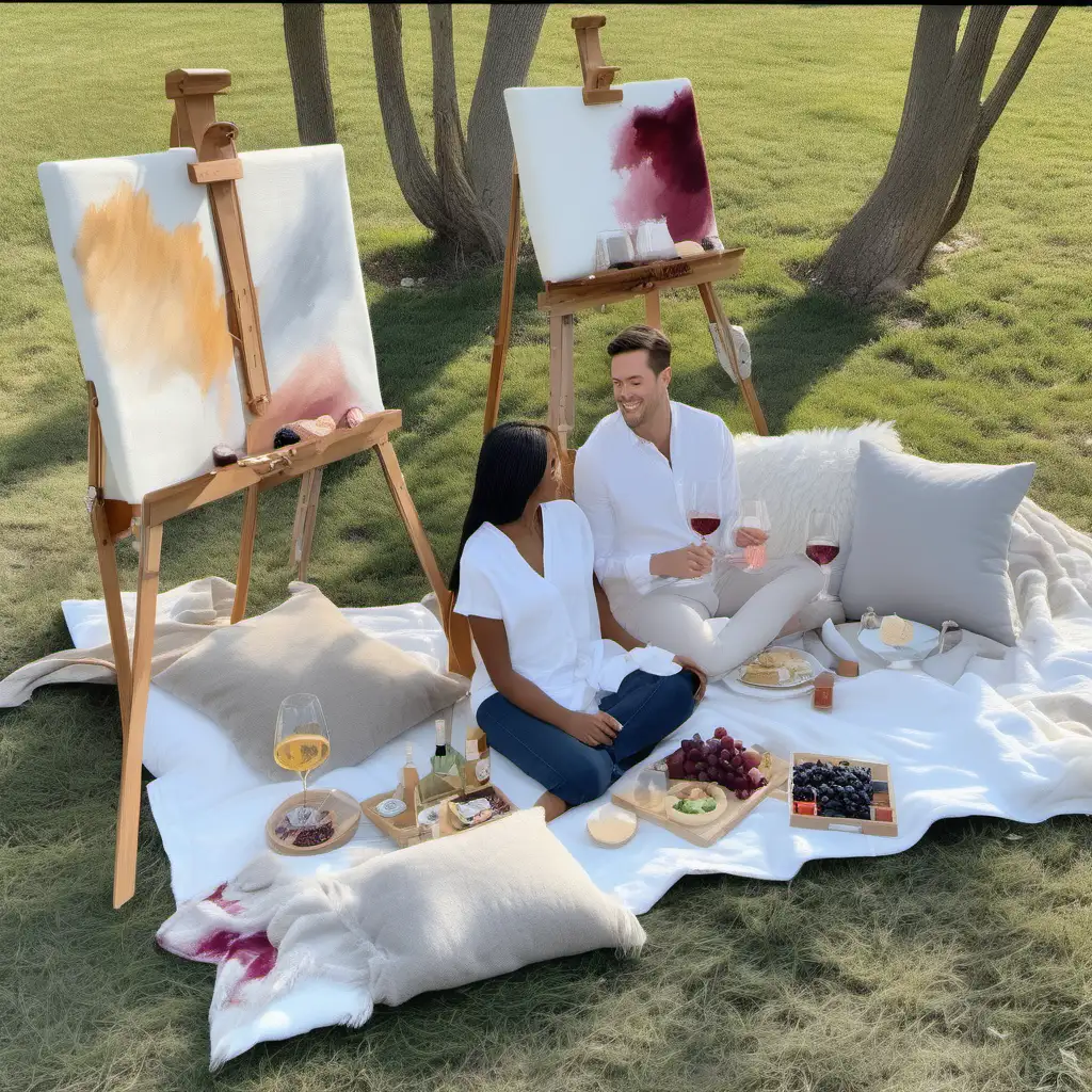 A chic, intimate sip & paint picnic setting for three people, featuring a plush throw blanket spread elegantly on the ground,  six coordinating throw pillows arranged on the blanket, three standing easels with blank canvases, a well-presented bottle of wine and a tray adorned with delectable finger foods. 