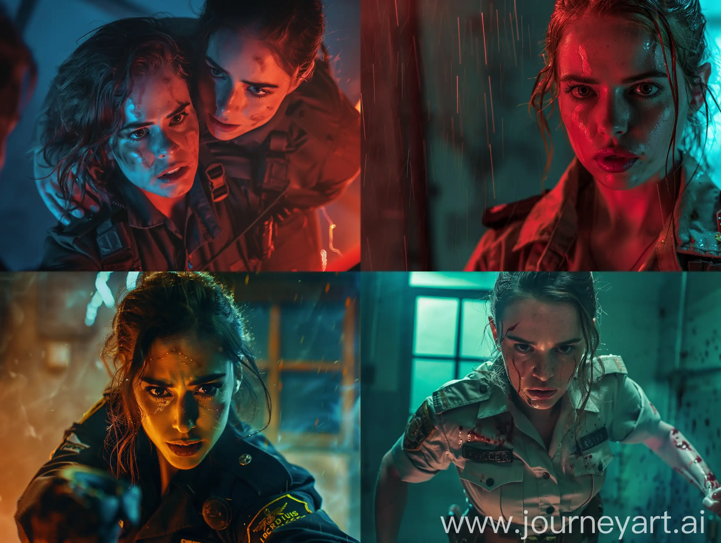 A American Actress, Cinematic , Movie Scene , Fighting, Uniform , looking at camera , Sharp Images ,  Colour Grading , Iphone Shot , Cinematic lightning, Realistic, High Details, Dark Colours, 4K quality