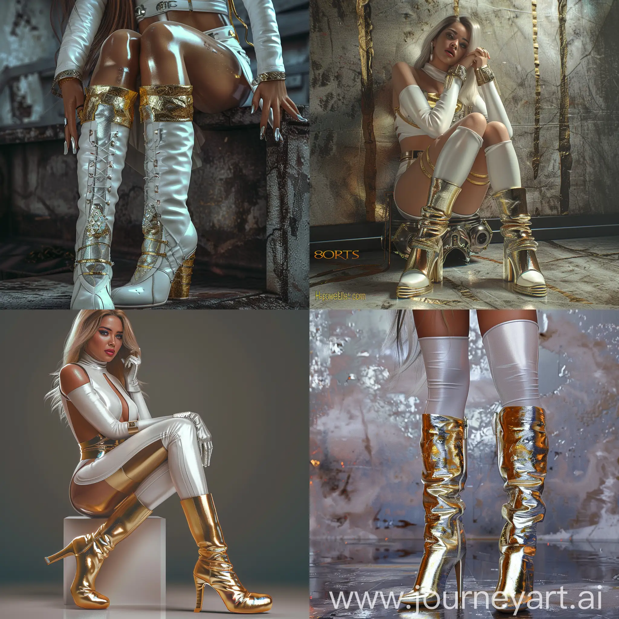 Beautiful and Impressive woman, of a wearing white latex, gold and silver high heels boots, fantasy Luis Royo, surrealism, fractal. Hootie, ,hyper realistic,high contrast,high color effect,8K,details,focus, slight imperfections, woman power
