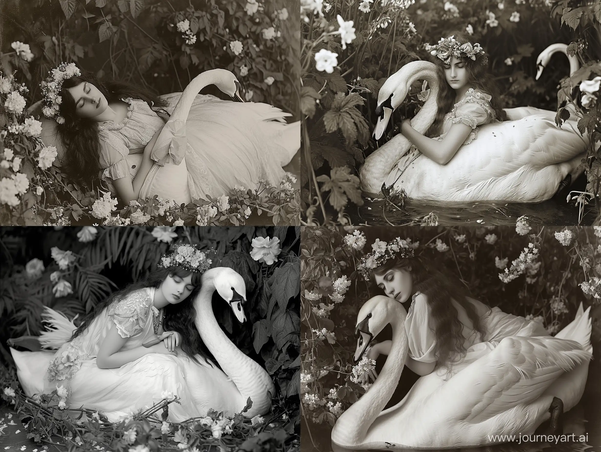 a young woman with long hair, lying and seemingly sleeping, leaning on a white swan. she is dressed in a white dress and decorated with an exquisite crown of flowers. the scene is surrounded by flowering plants. the atmosphere seems magical and fabulous