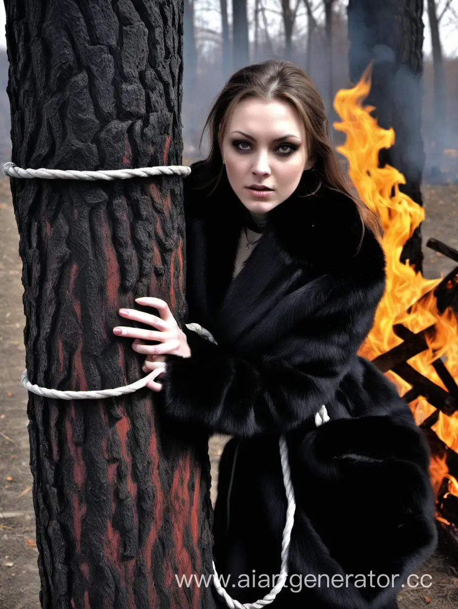 девушка крепко привязана за спиной к дереву  над костром в длинной черной норковой  шубе