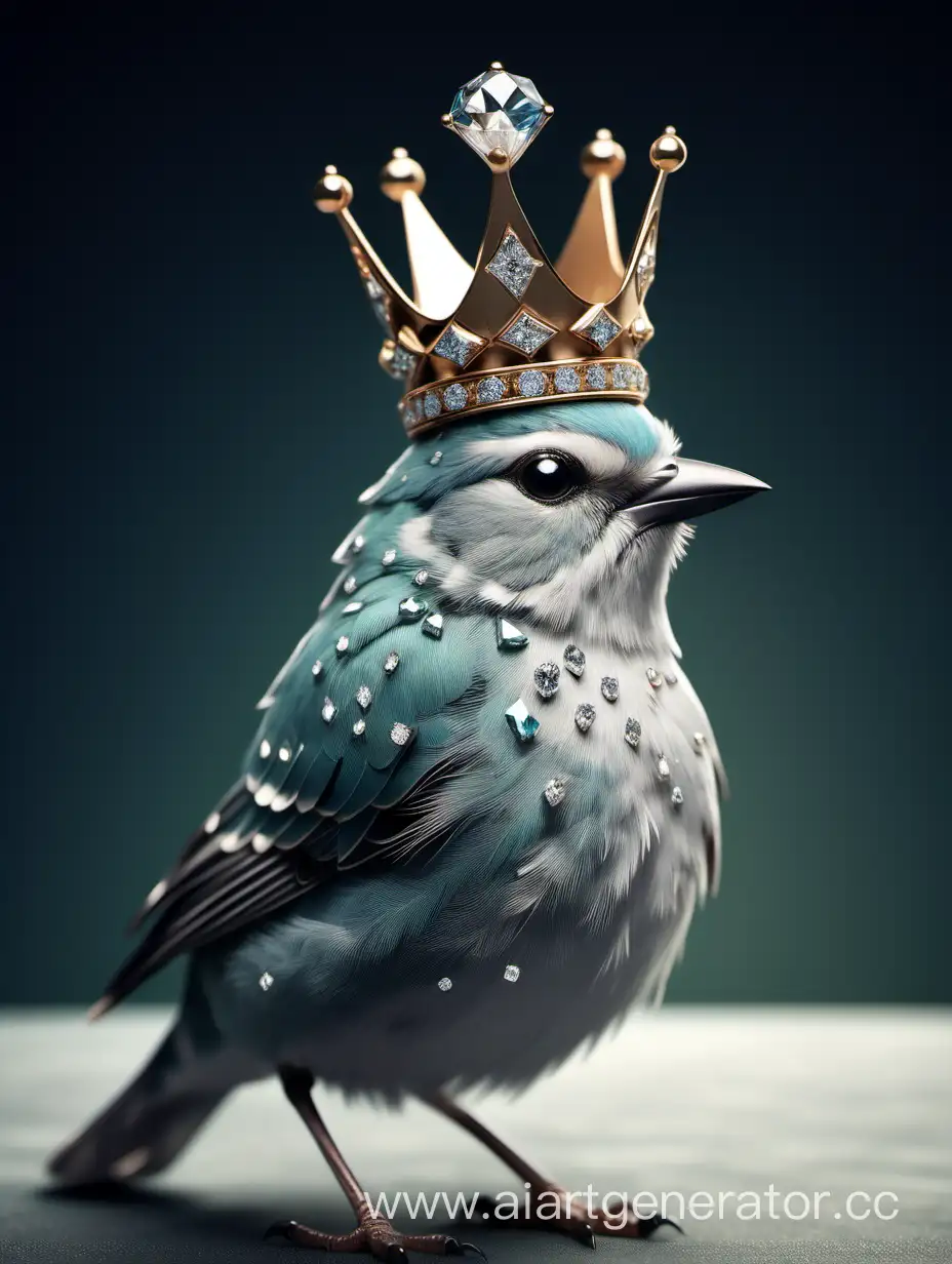 A bird, on its head, a crown, diamonds, very high quality