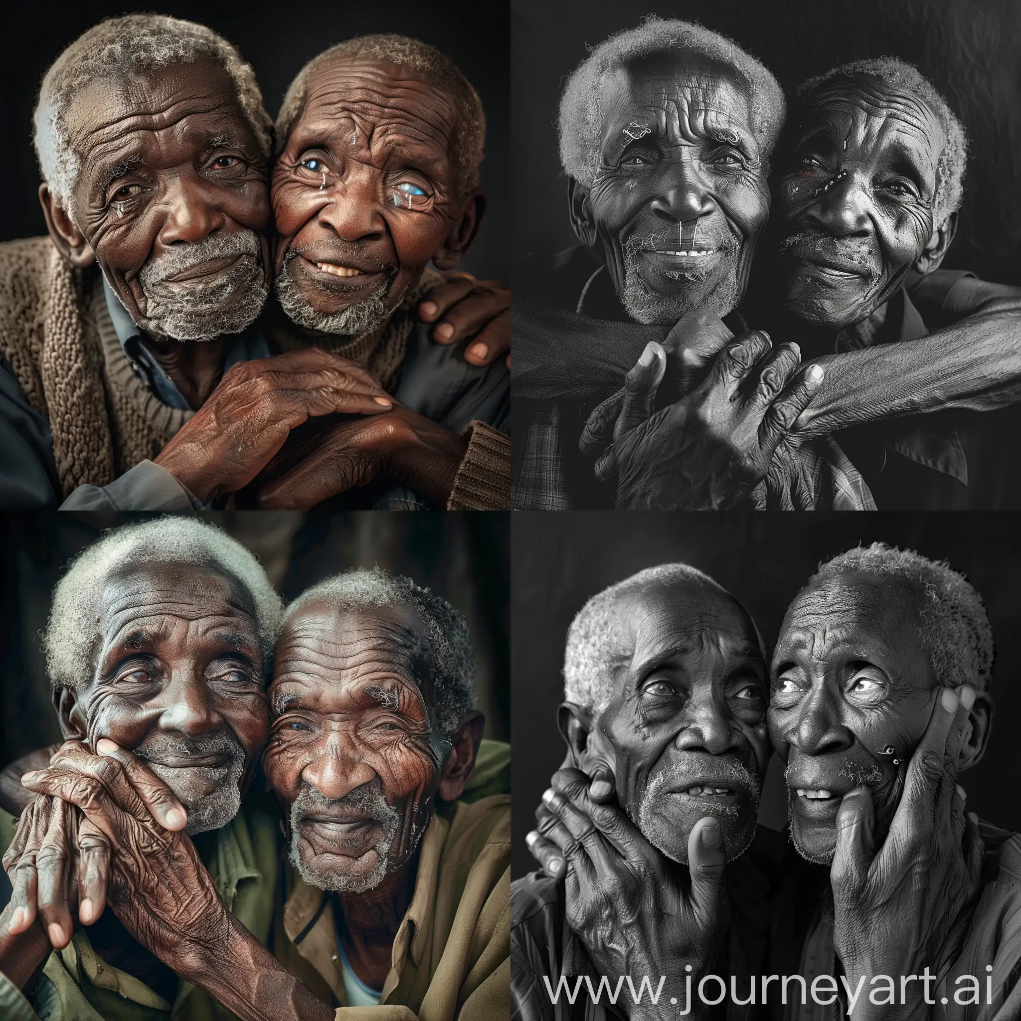 2 old African men putting their hands over each others shoulders. They’re smiling and their eyes have balancing tears. 
