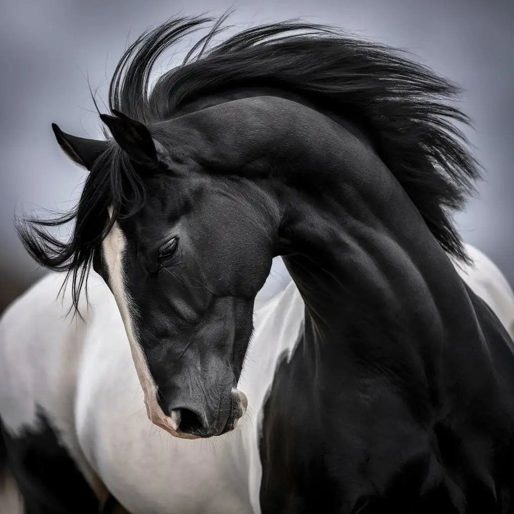 Close up on the head and neck of a beautiful black horse, dynamic and elegant at the same time, black and white photograph, extreme close up, art photography style