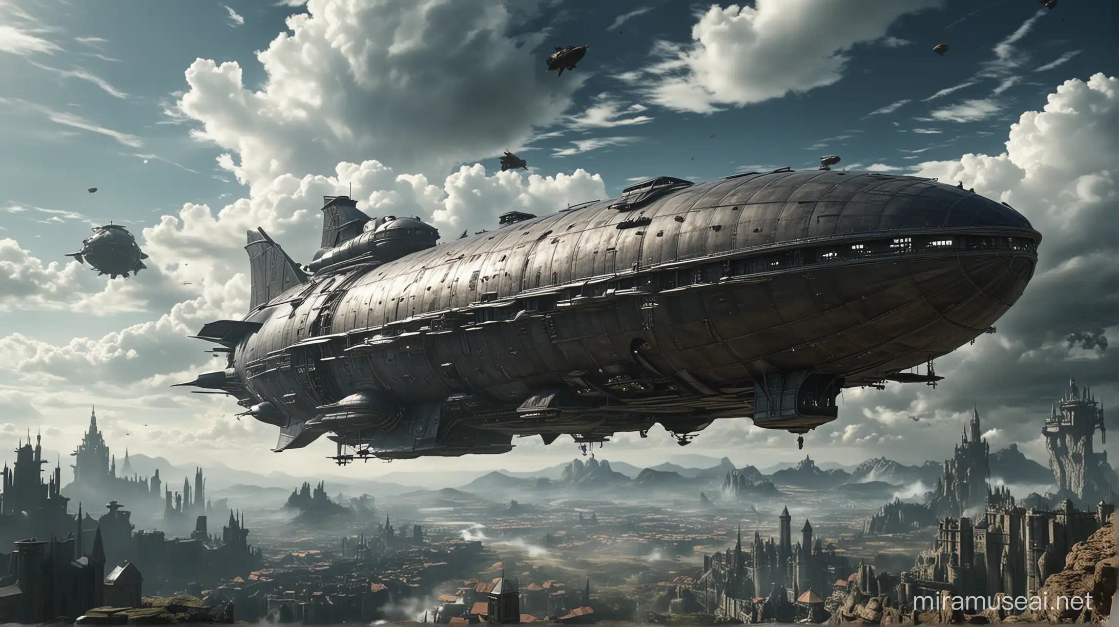 Final Fantasy Live Action movie, inspired by the early entries in the series (in particular the first game) with elements from across the series.  Technologically advance airships, slightly resembling modern day tech, hover ominously over a medieval fantasy landscape