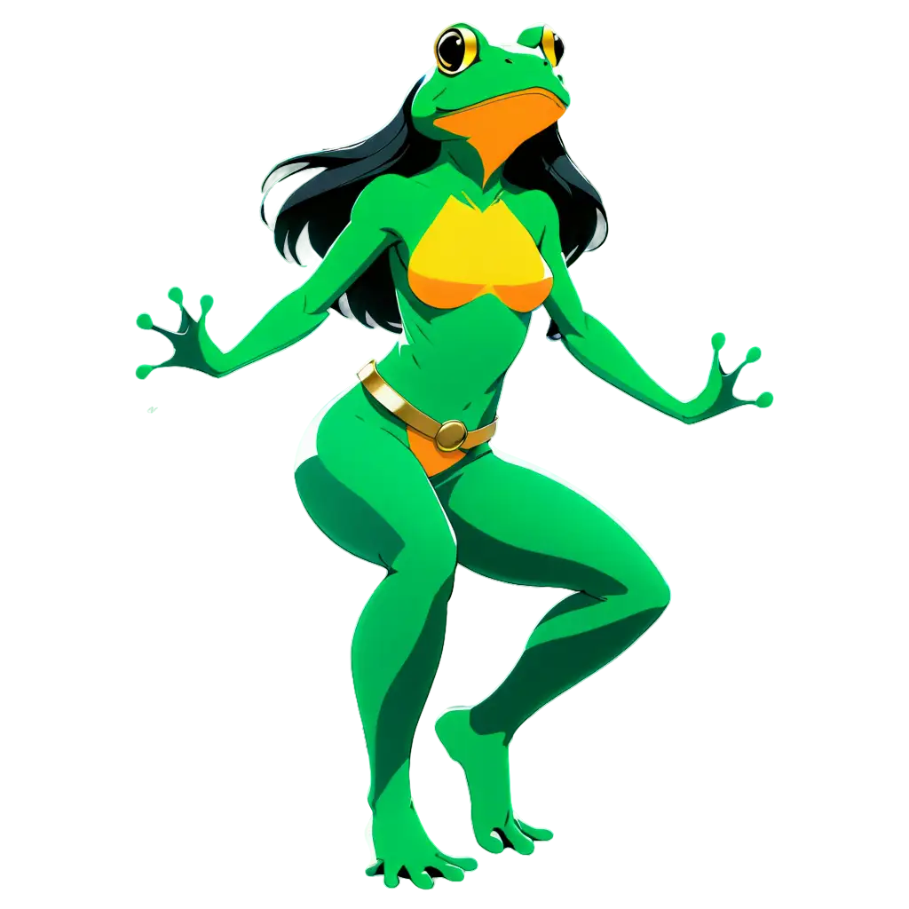 A stunning female anthropomorphic frog with vibrant colors reminiscent of Oophaga pumilio, known as the Pumilio poison frog. Her body is sleek and curvaceous, accentuated by large breasts that jut out proudly against her emerald green chest. The frog's skin is smooth and shiny, adorned with intricate golden designs that seem to dance along her back, hips, and thighs. Her eyes glisten with an iridescent blue-green hue, framed by long, lashes that bat playfully against her cheeks. The frog's legs are strong and muscular, tapering to delicate hands and feet, adorned with the same golden markings as her body. She wears a golden choker around her neck, accentuating her exotic features. The background is a lush tropical jungle, filled with vibrant foliage and the sounds of exotic birds calling in the distance., waifu character portrait, art by Kazenoko, featured on pixiv, 1 girl, by Ilya Kuvshinov, Kantoku art, very detailed anime art by Redjuice
