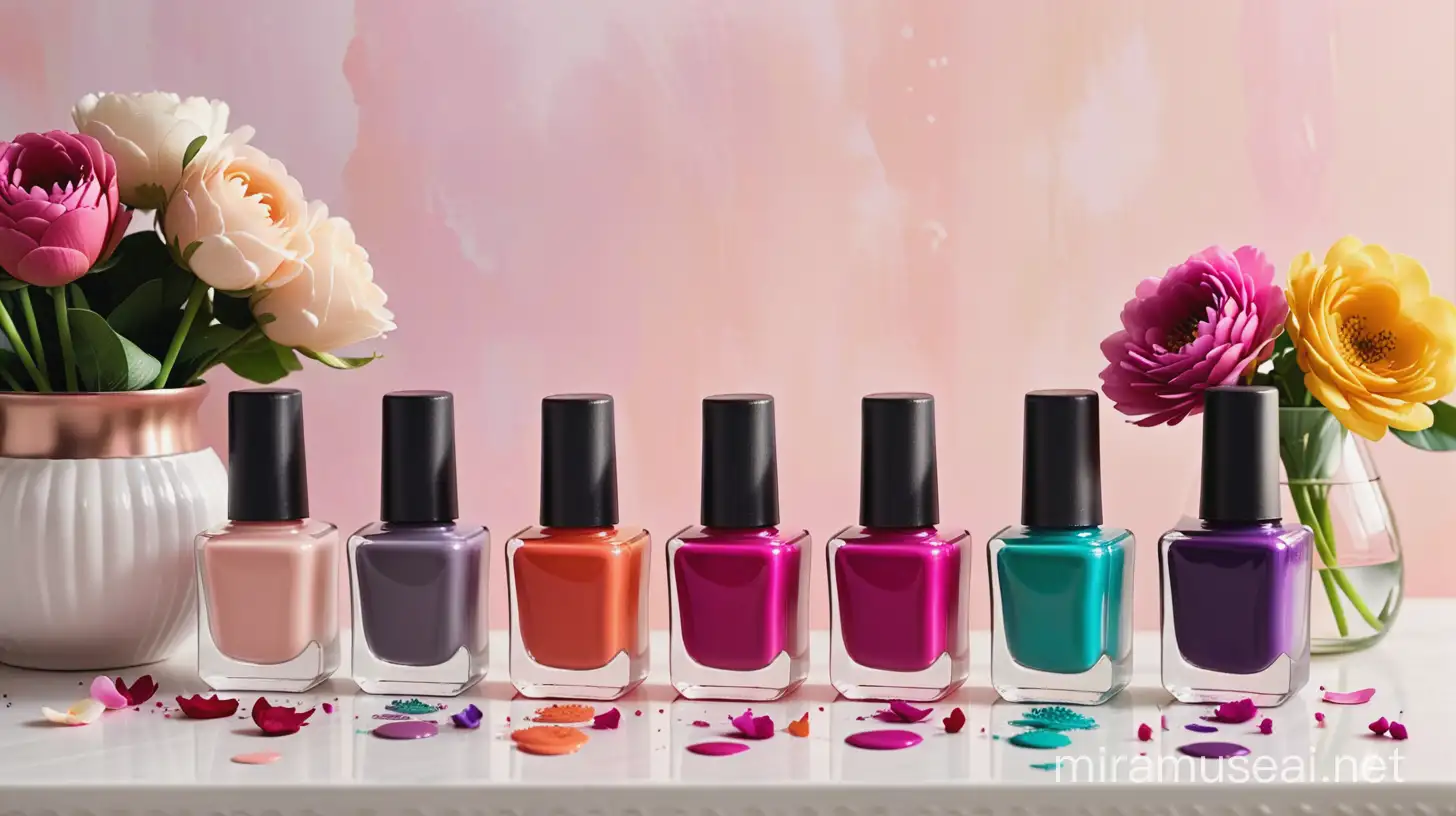 several bottles of nail polish standing on table surrounded by flowers