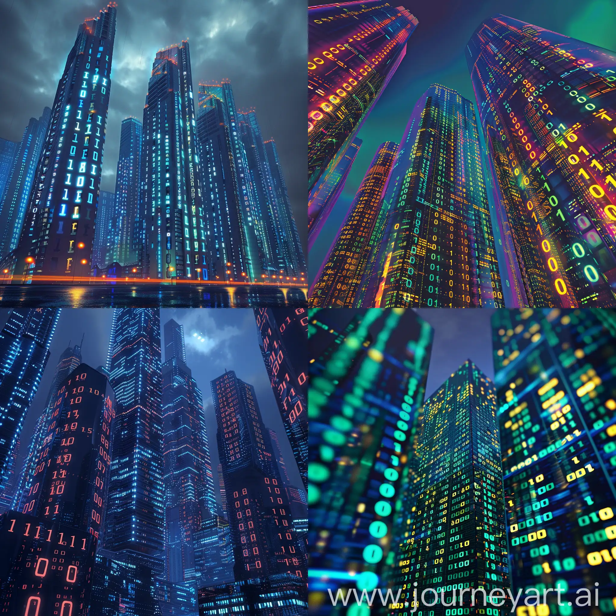 create an image of cyberpunk style buildings where they resemble computers displaying binary codes
