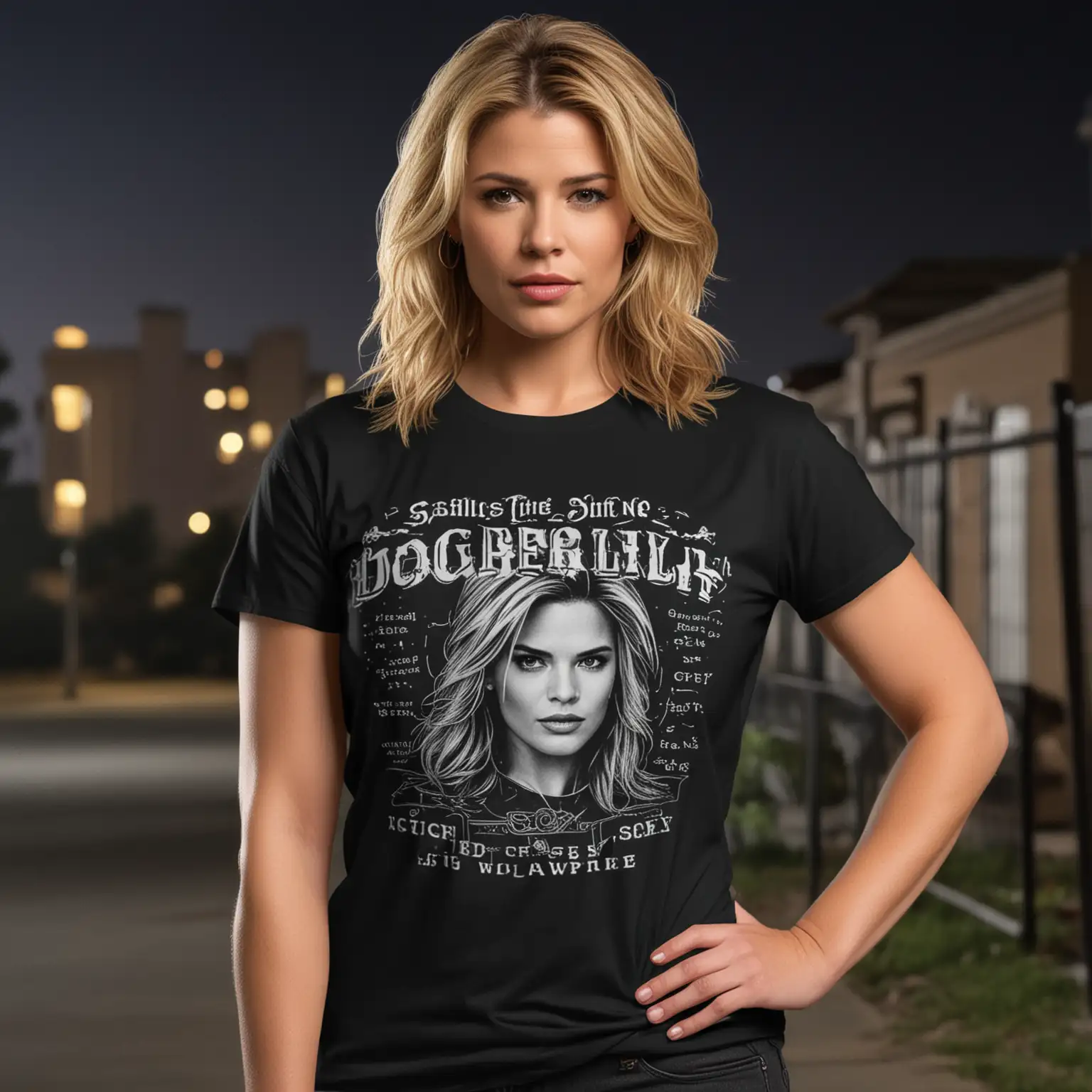 mockup for a black tee.  the model should be a female.  the model should resemble kristy swanson in the movie buffy the vampire slayer. the background should look like outside of a high school at night