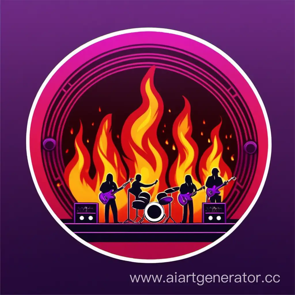 Circle icon with purple and red fire with music band on the stage
