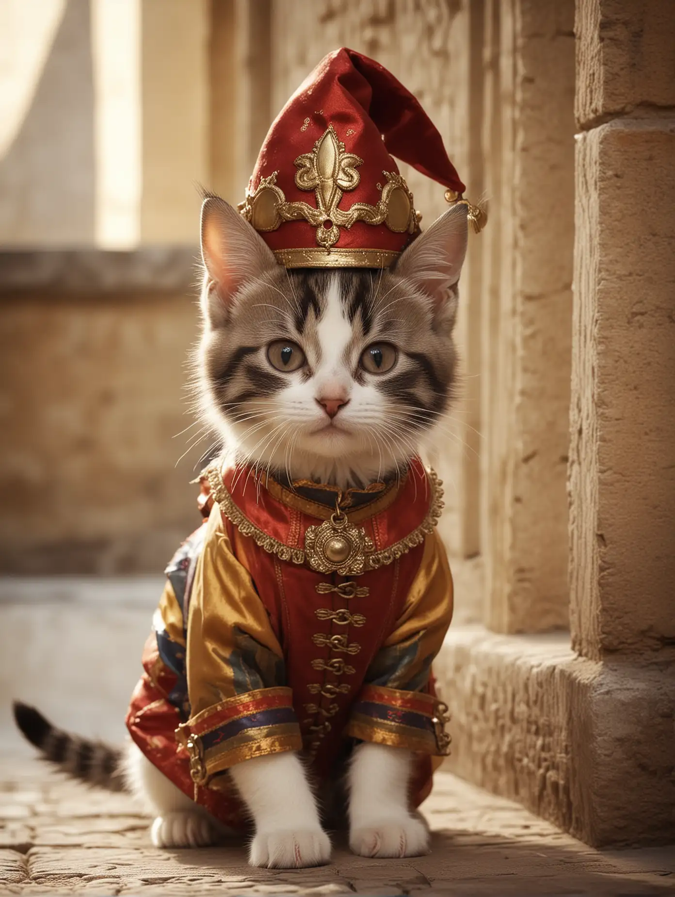 Adorable Kitten Jester in Ancient Castle Setting