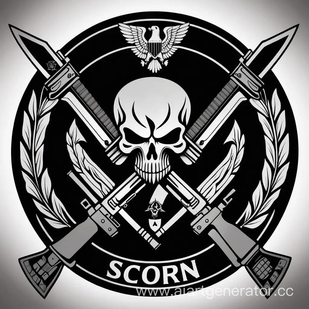 The emblem of the PMCs with the name SCORN is a paramilitary group , a black forest , a man in a military uniform with a weapon , dark tones