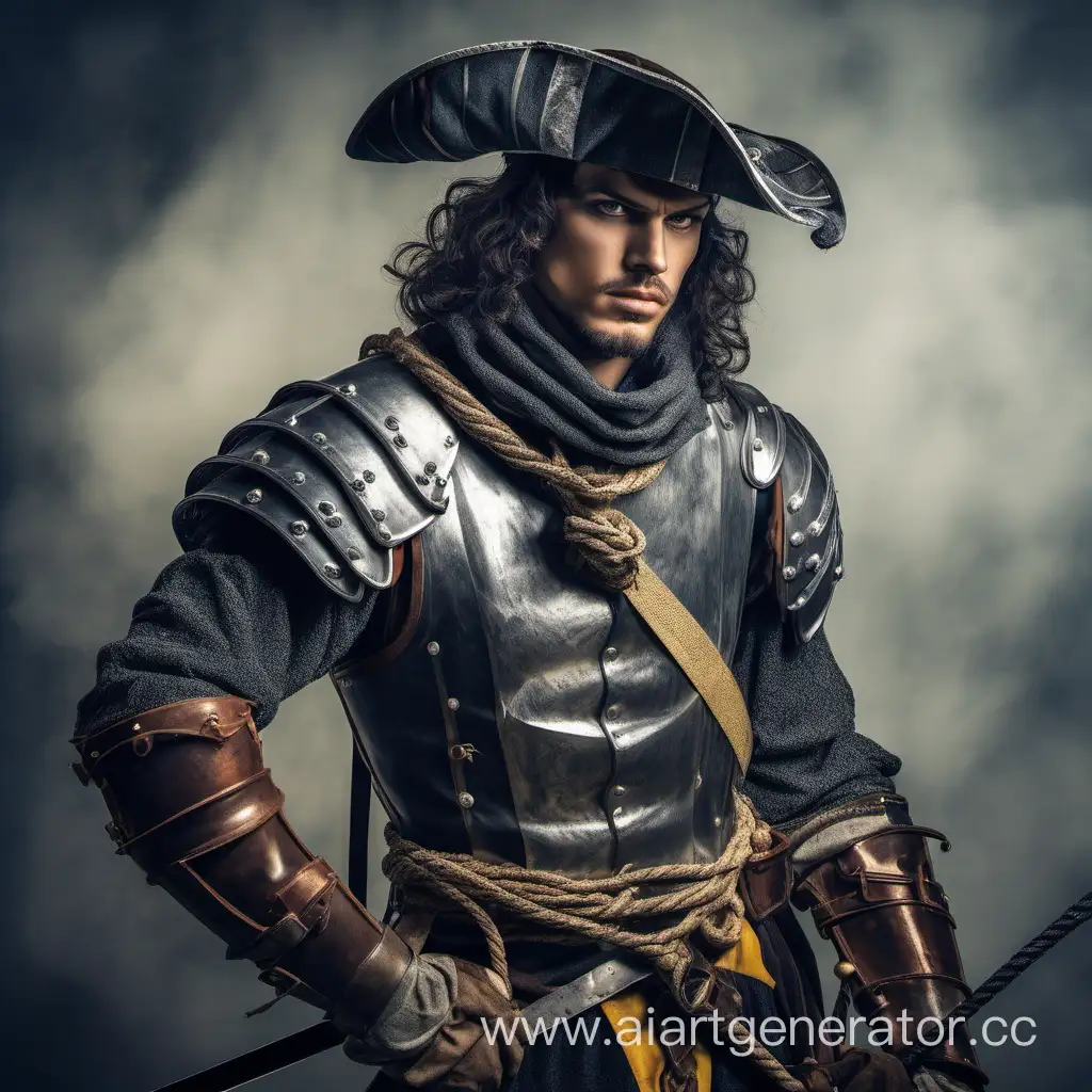 средневековый воин наемник ландскнехт темные волосы с сединой 25 лет с веревкой на шее в доспехе и шляпе