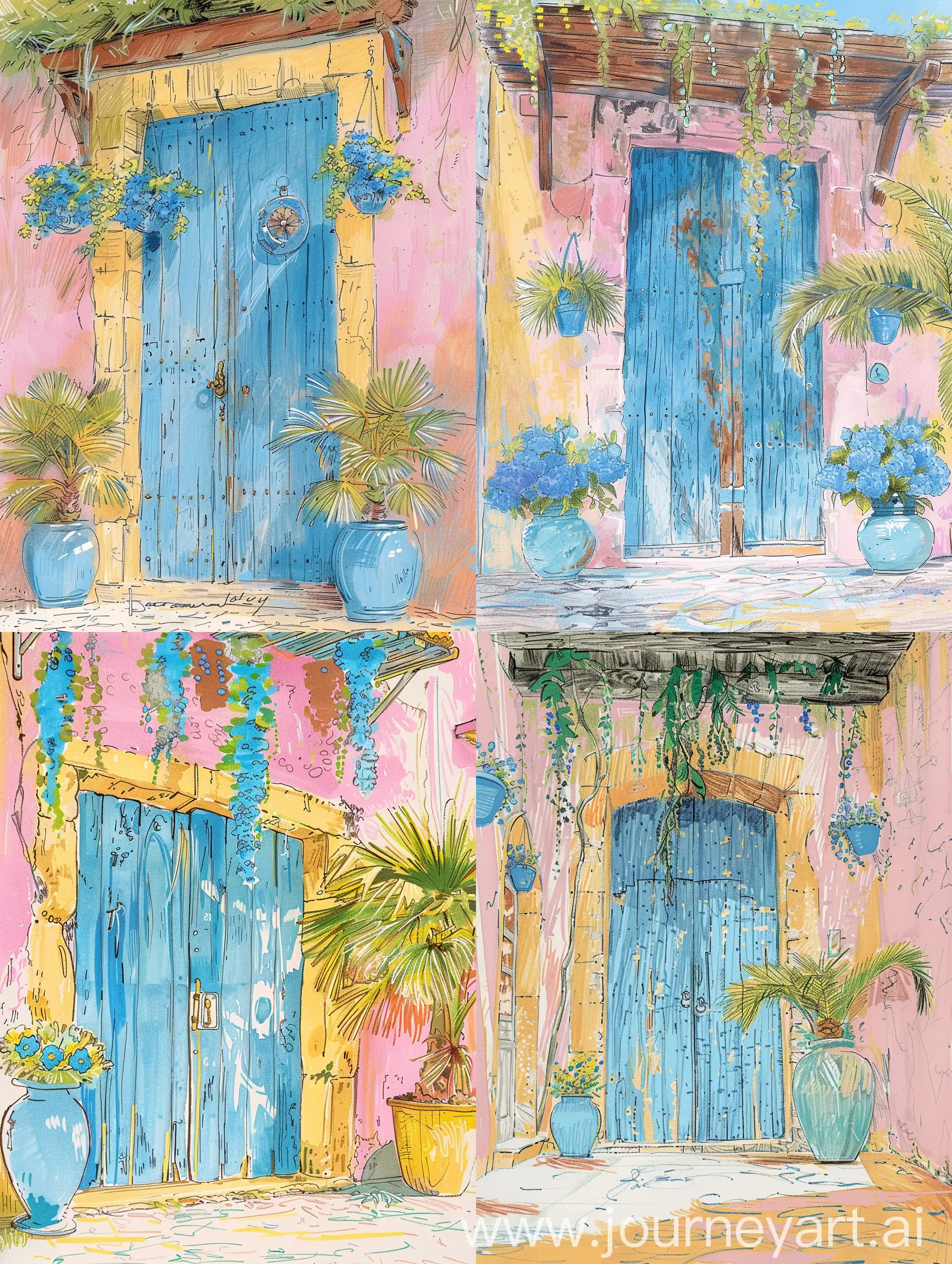 Скетч маркерами, красивая пыльная синяя деревянная дверь в живописных розовых оттенках, видны мазки маркером, след от маркера, подвешенные голубые цветы в вазонах,  пыльная пальма в горшке стоит на мостовой у входа, скетч маркерами, Старая Европа, Высокая детализация, гипердетально, жëлтый, пастельный амарантовый, красная охра, зеленый, салатовый, жëлтая охра, светло-бежевый и пыльный бирюзовый оттенок, блики на счету прорисованы белым мелом, живописно, много оттенков, лëгкий набросок, быстрые зарисовки, пленерные зарисовки маркером в альбоме