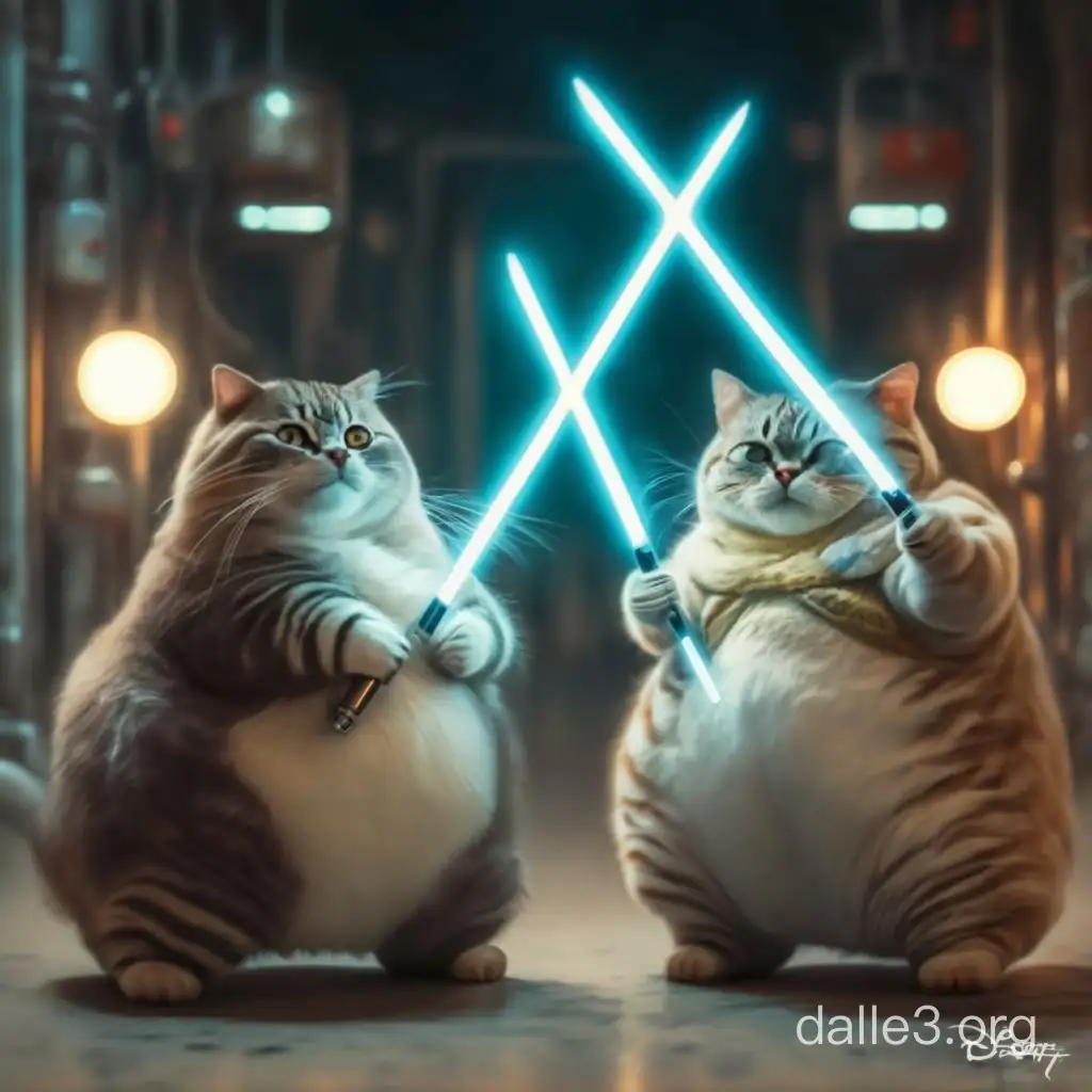 2 fat, chubby cats in a lightsaber duel