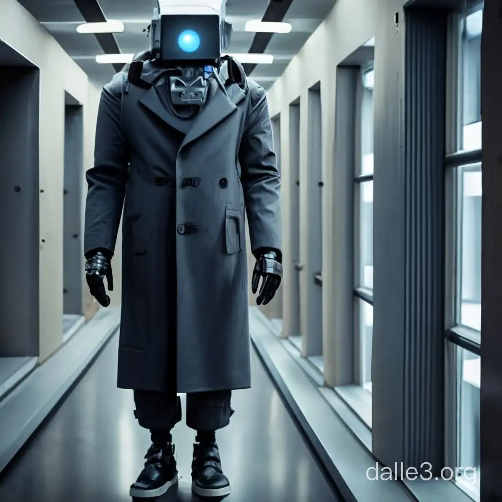 Humanoid Robots with a cctv cameras as head using technology to enchance a Humanoid being 4,7 meters tall with a old Camcorder as the head using a dark overcoat and black gloves in a Large laboratory hallways.