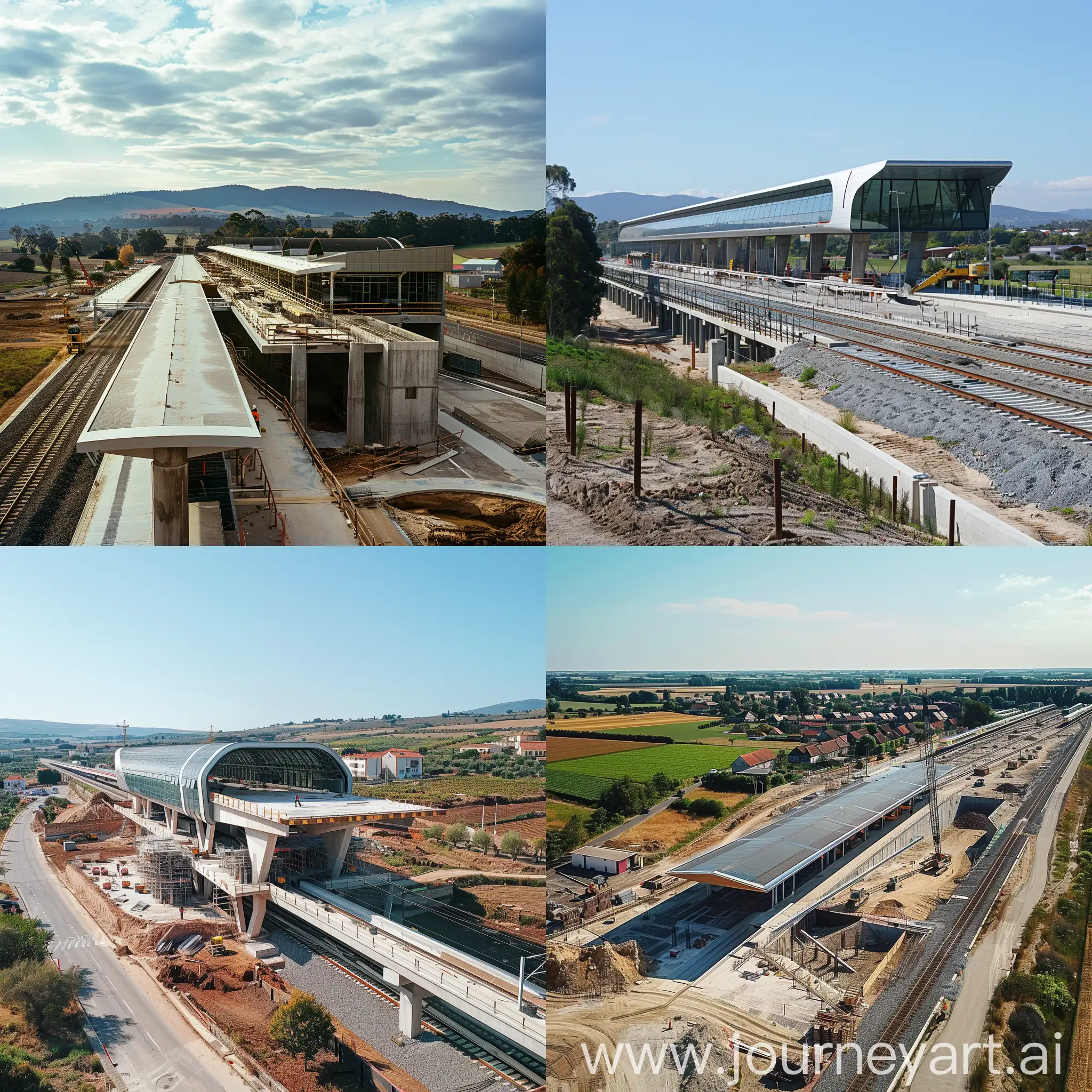 A modern high-speed train station under construction in a country town + project photo