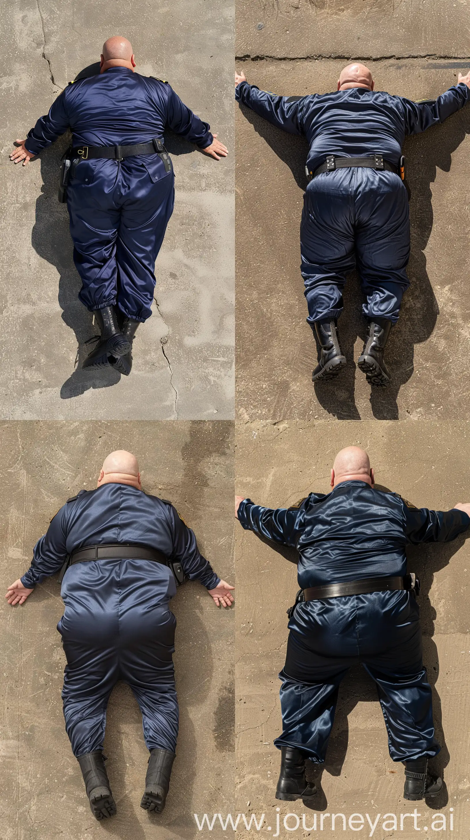 Aerial back view photo of a fat man aged 60 wearing a silk navy security guard skinny-fitted full coverall tucked in black tactical boots. Black tactical belt. His body is lying flat on the ground. Legs and arms extended. Outside. Bald. Clean Shaven. Natural light --ar 9:16