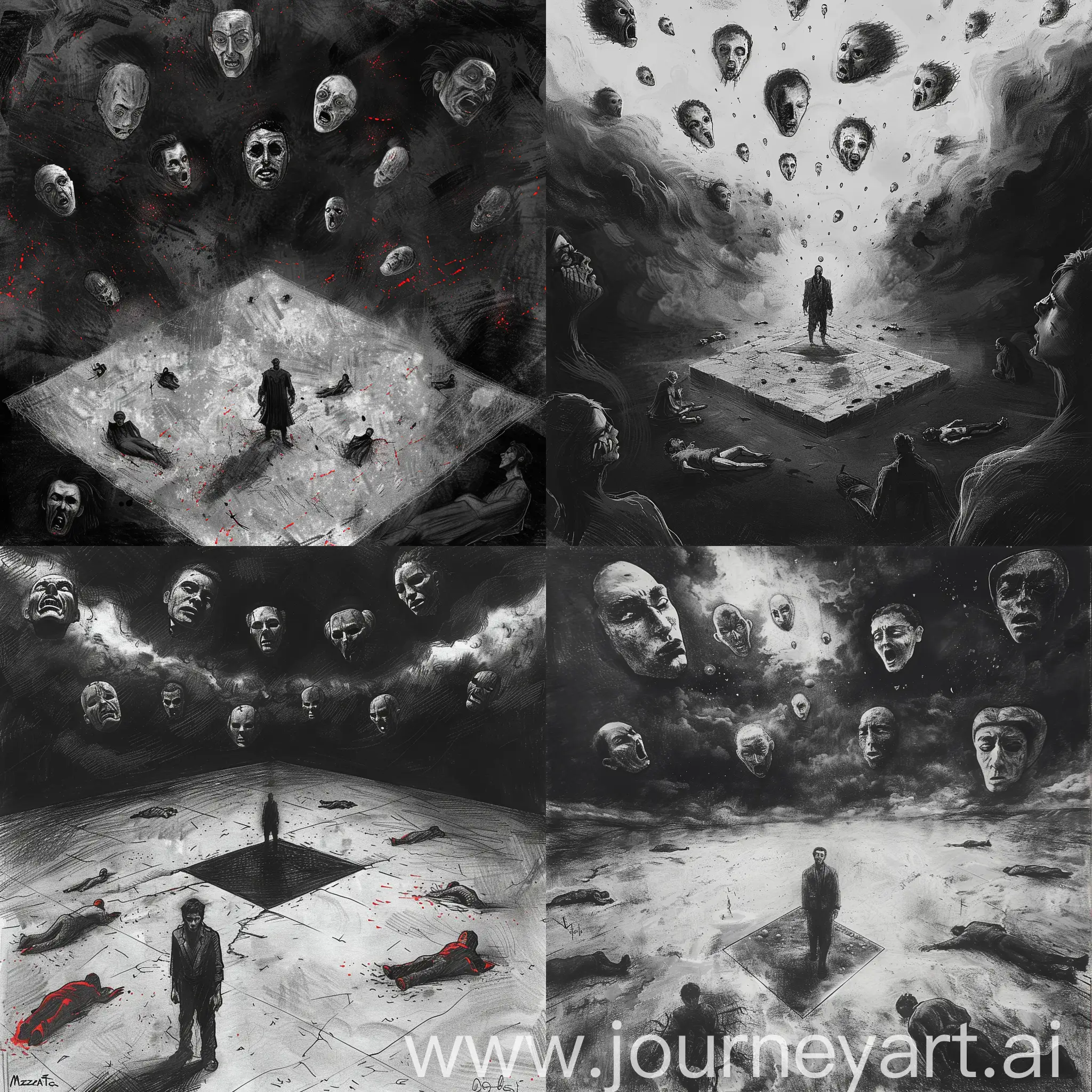 Create a design in charcoal or sketch style. The design should depict Azrael standing in a square-like area as if viewed from above at a 45-degree angle, giving a distant appearance. It's essential to portray Azrael in a detailed and realistic manner with a serious expression. Surrounding Azrael, there should be surreal masks floating in the sky. The design should be predominantly black and white, with a dark atmosphere. Use litle red tones to draw attention, ensuring they are darker and contribute to the overall gloomy atmosphere. Avoid a cartoonish look and focus on strongly reflecting the theme of death. Include a few human figures lying on the ground, as well as on the sides, barely discernible from a distance, showing fear and horror. Let the design be predominantly dark and gloomy, with black tones prevailing.
