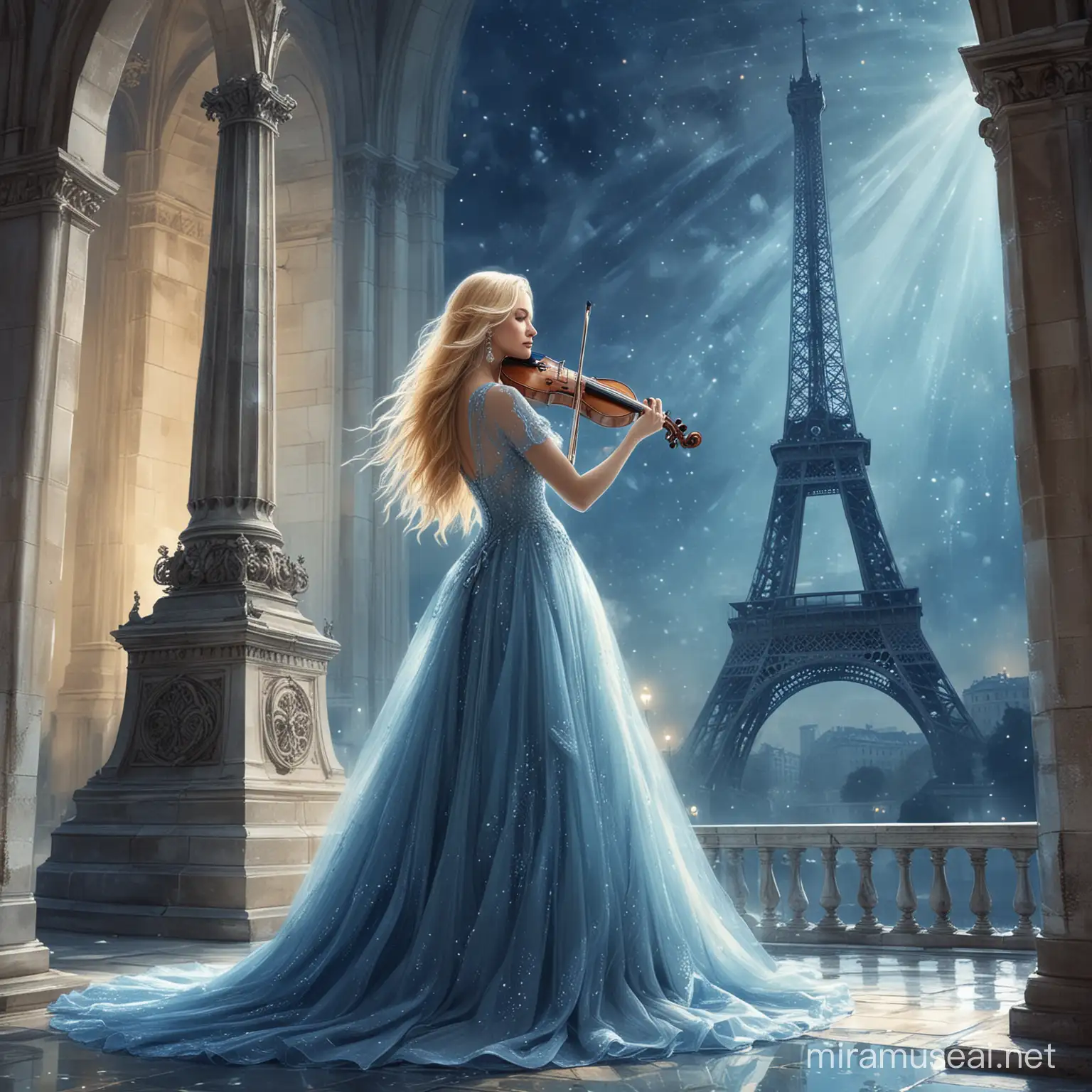 A beautiful woman, from profile, standing up on a transparent ground, under the tower effel monumentplaying violon. Long blond hair. Long elegant blue wedding, haute couture. Background sparkle. Fanatsy, digital illustration, fanatsy style, digital art