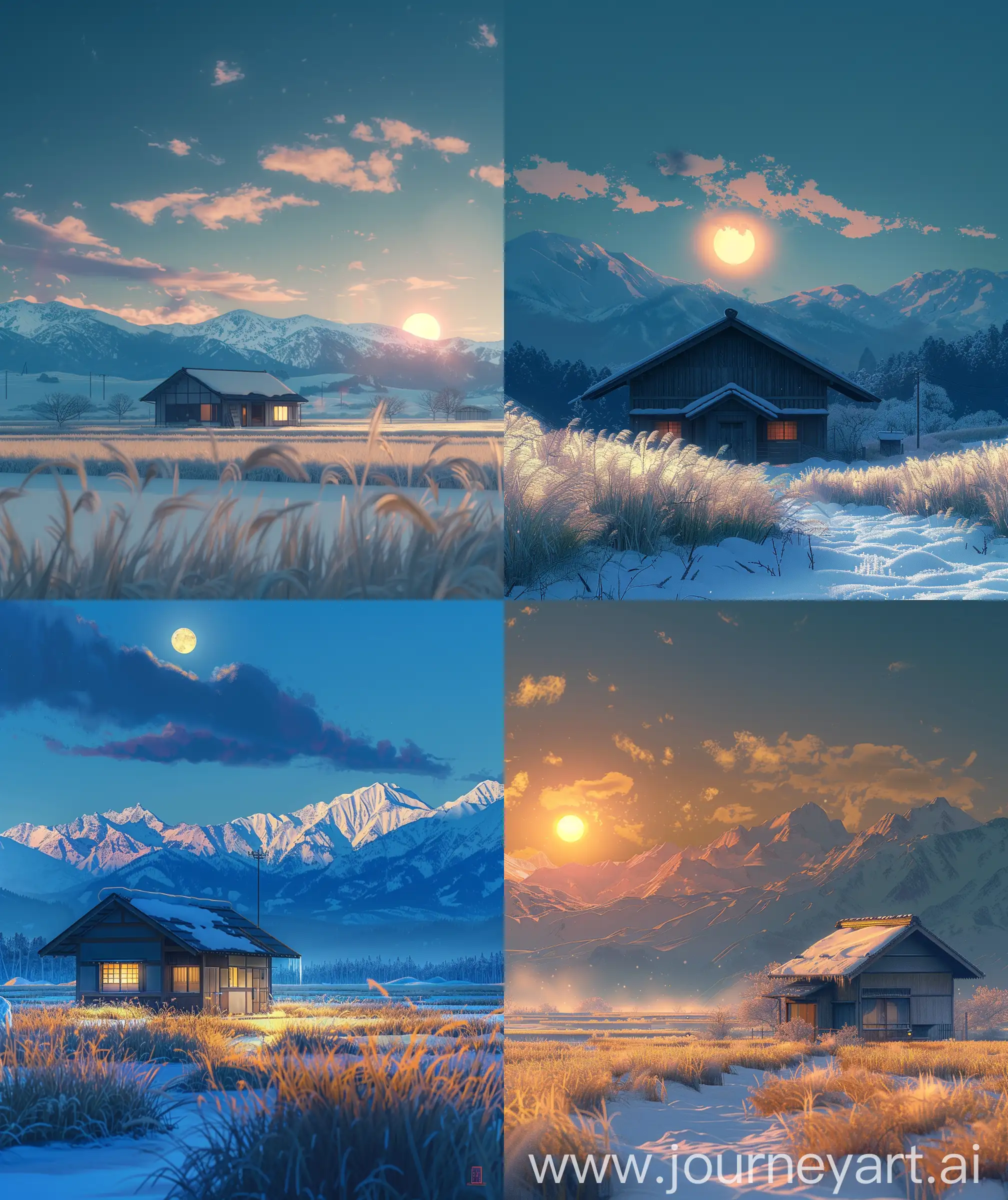 Evening-Anime-Scenery-Serene-Small-House-with-Snowy-Mountain-Backdrop