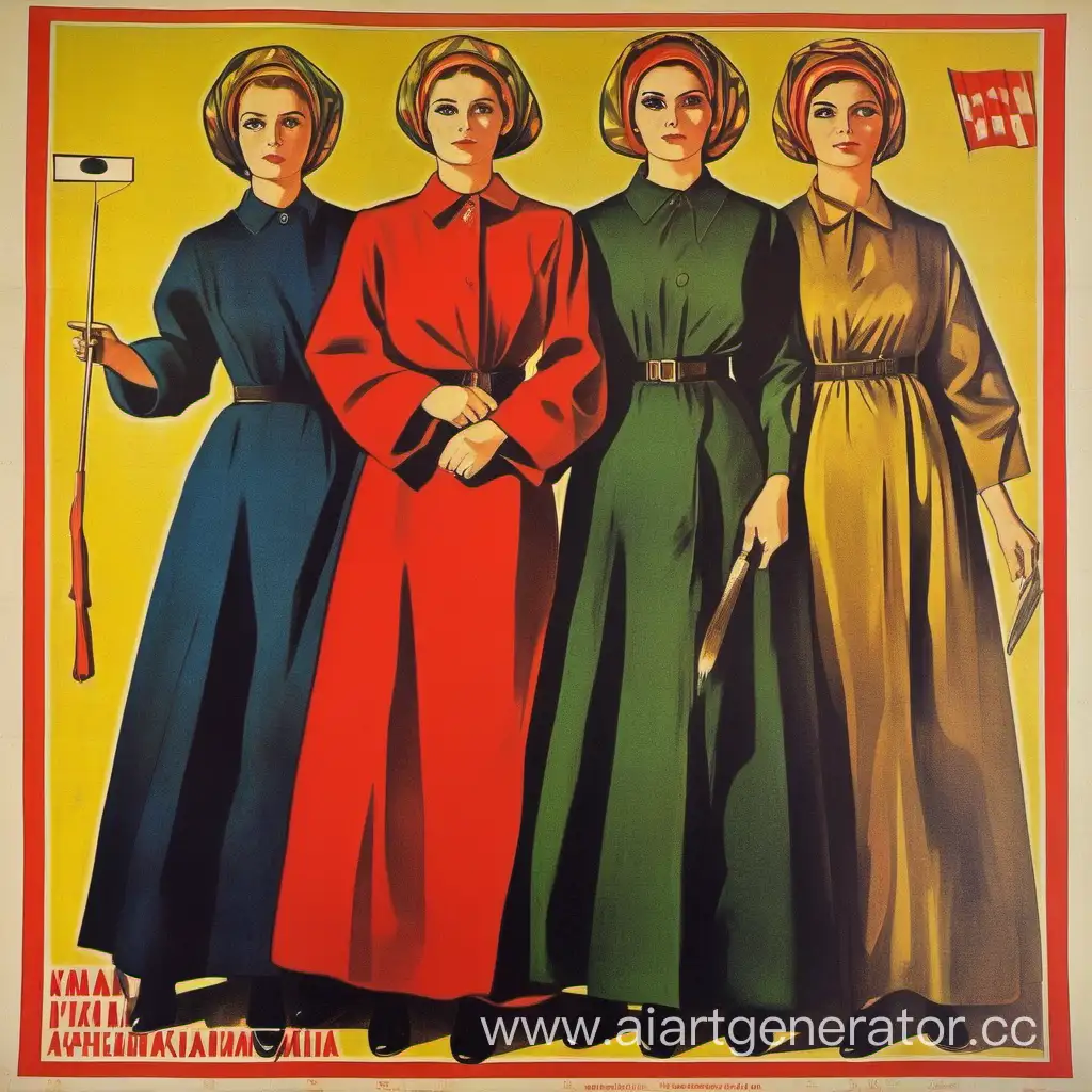 советский постер к фильму с изображением 3-х сестер и одного маляра мужины