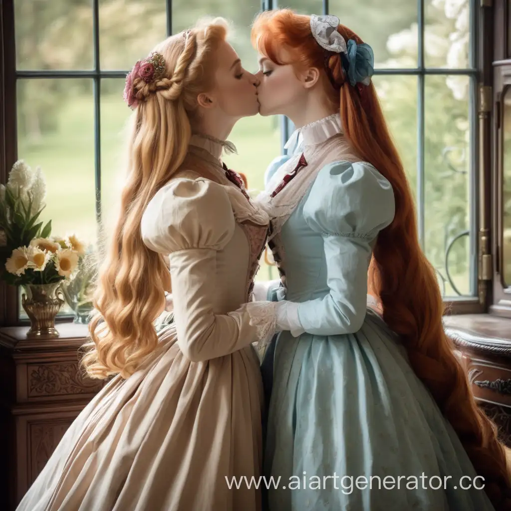  2 девушки, блондинка, красноволосая, в длинных платьях, длинные волосы, целуются, викторианский стиль