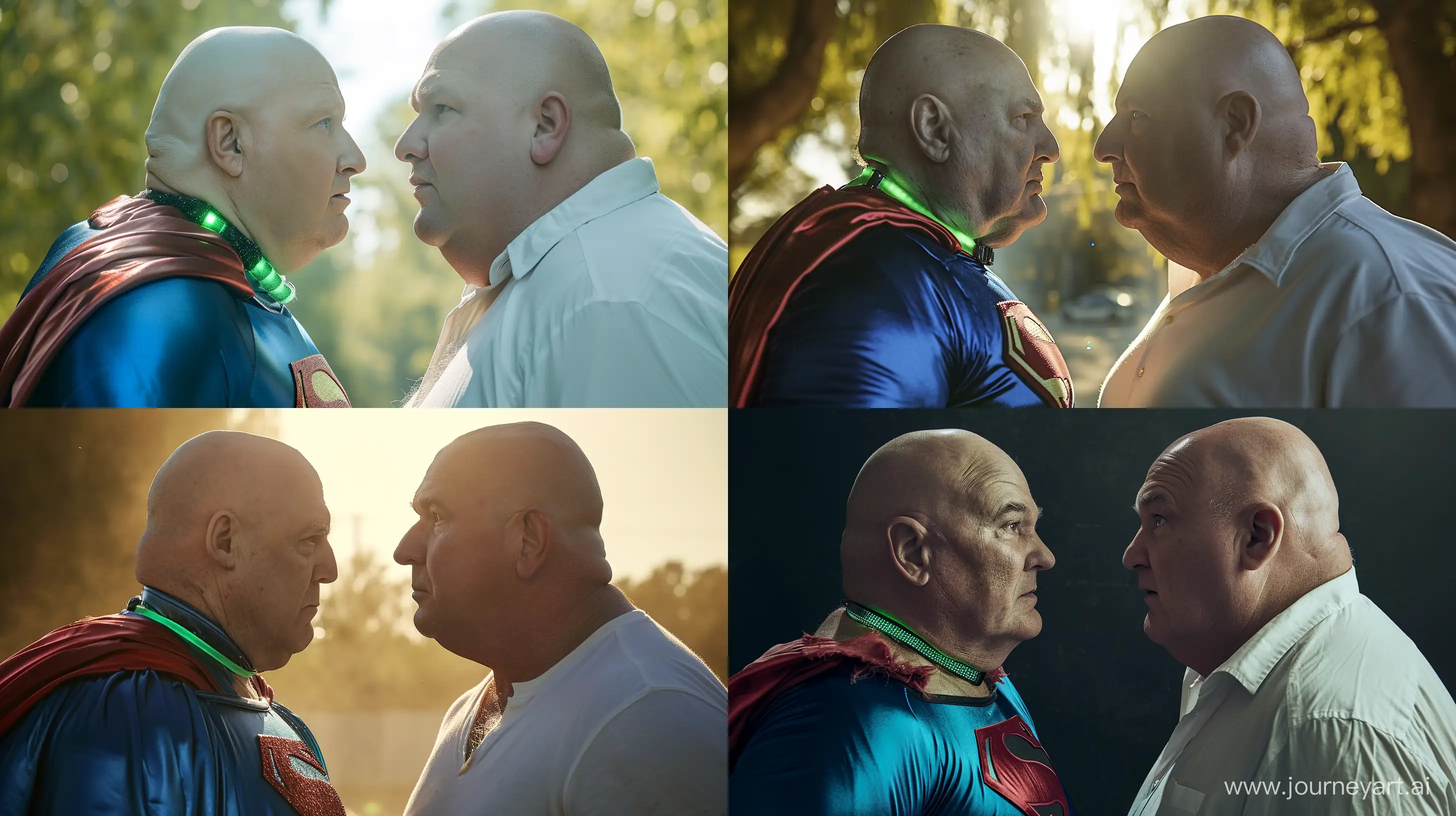 Closeup portrait photo of two men facing each other. The man on the right is a chubby man aged 60 wearing a white shirt. The man on the left is a chubby man aged 60 begging and wearing a blue silky superman costume with a large red cape and a green glowing small short dog collar. Outside. Bald. Clean Shaven. --style raw --ar 16:9 --v 6